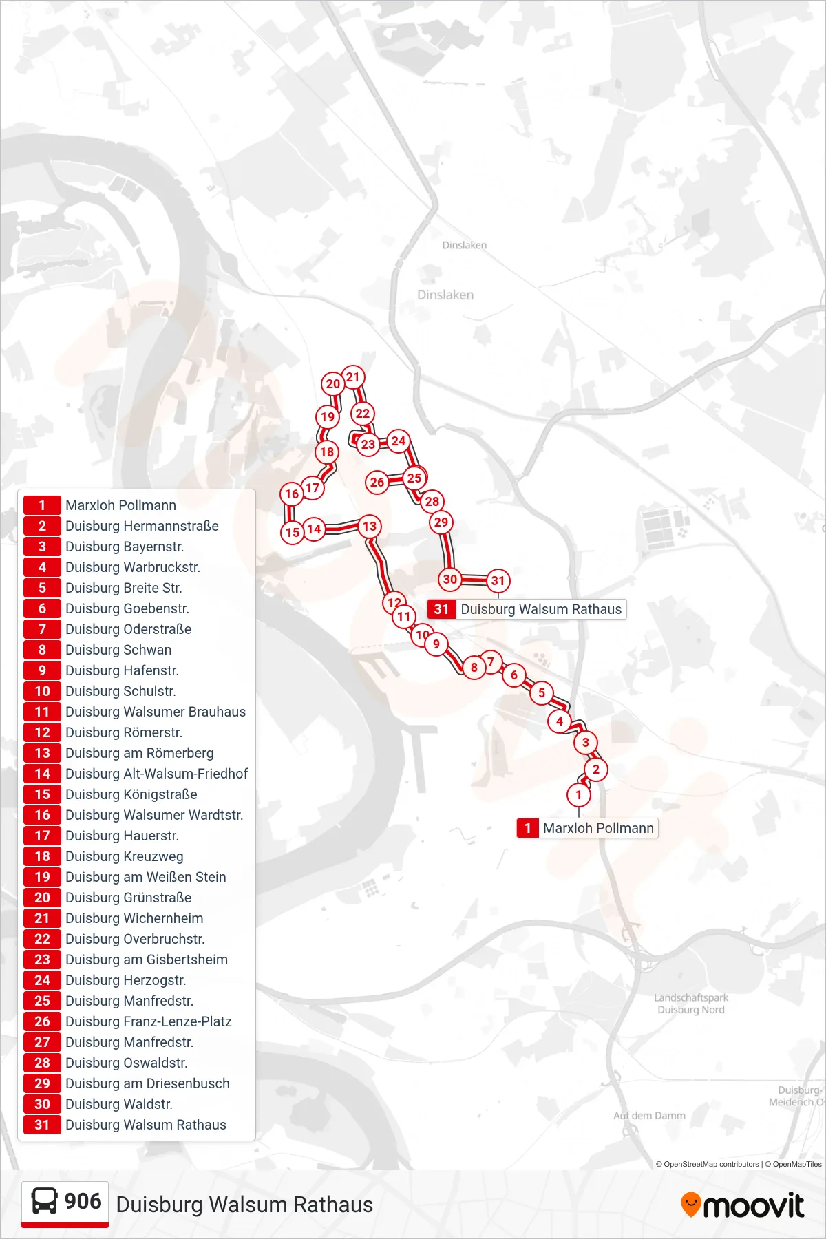 906 bus Line (Duisburg Walsum Rathaus) route and stops on a map