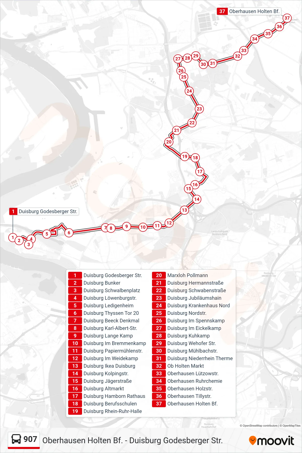 907 bus Line (Oberhausen Holten Bf.) route and stops on a map