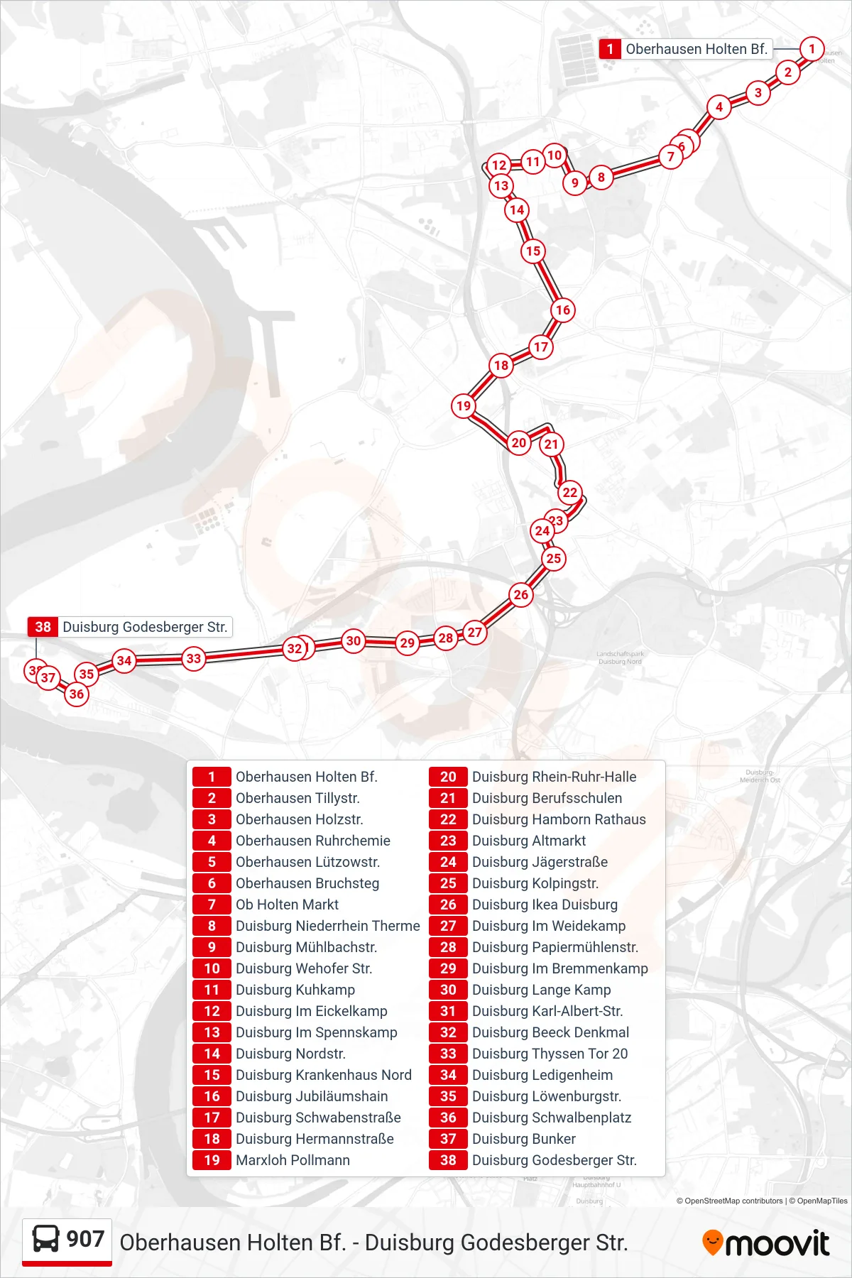 Linie 907 (Bus) Richtung Duisburg Godesberger Str.: Route und Haltestellen auf der Karte