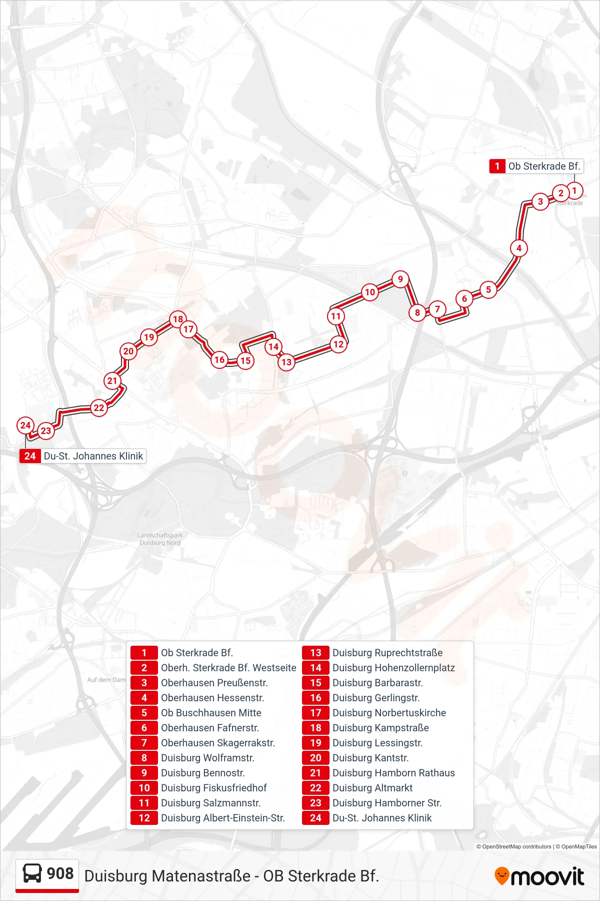 Linie 908 (Bus) Richtung Du-St. Johannes Klinik: Route und Haltestellen auf der Karte