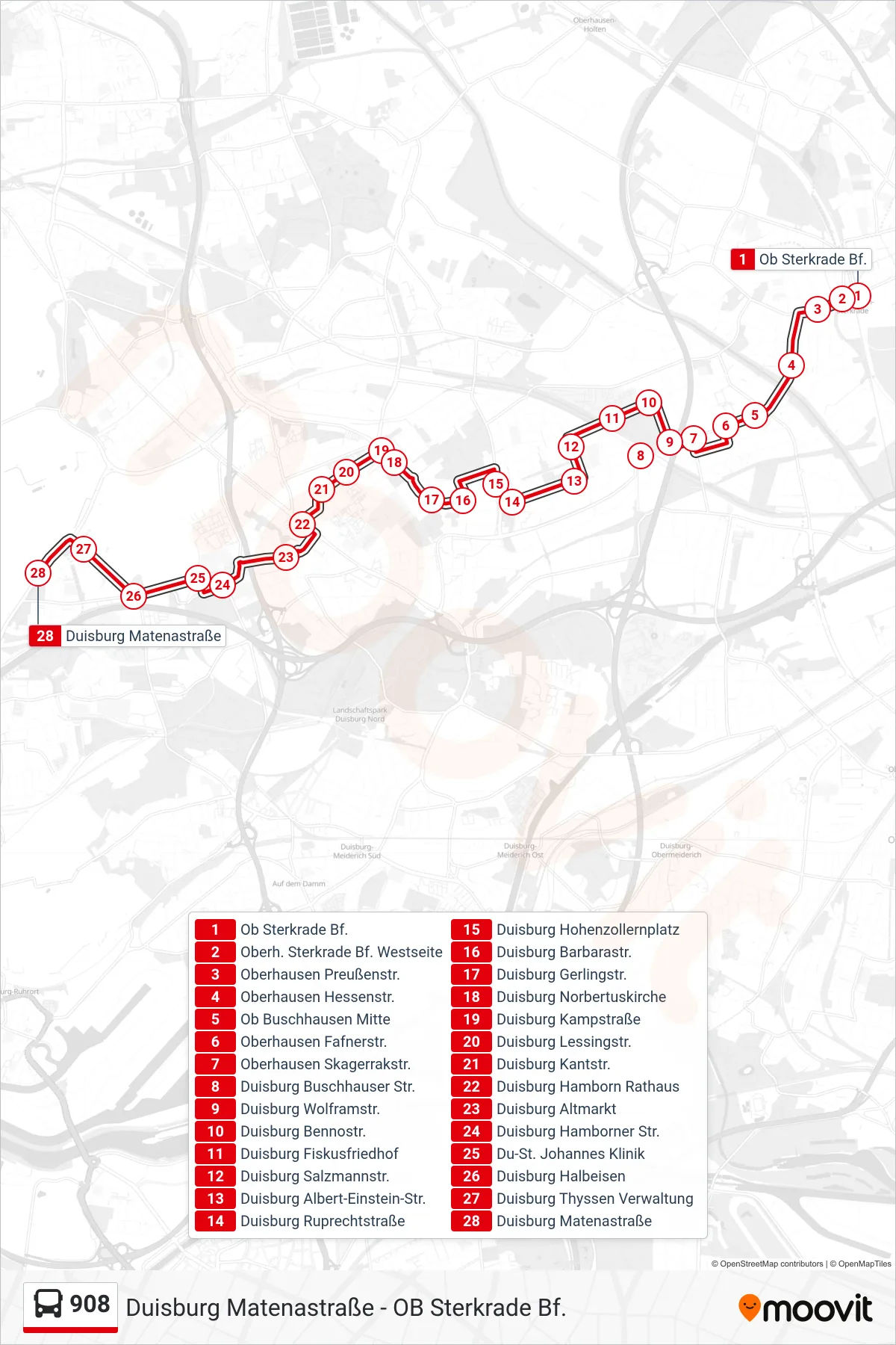 Linie 908 (Bus) Richtung Duisburg Matenastraße: Route und Haltestellen auf der Karte