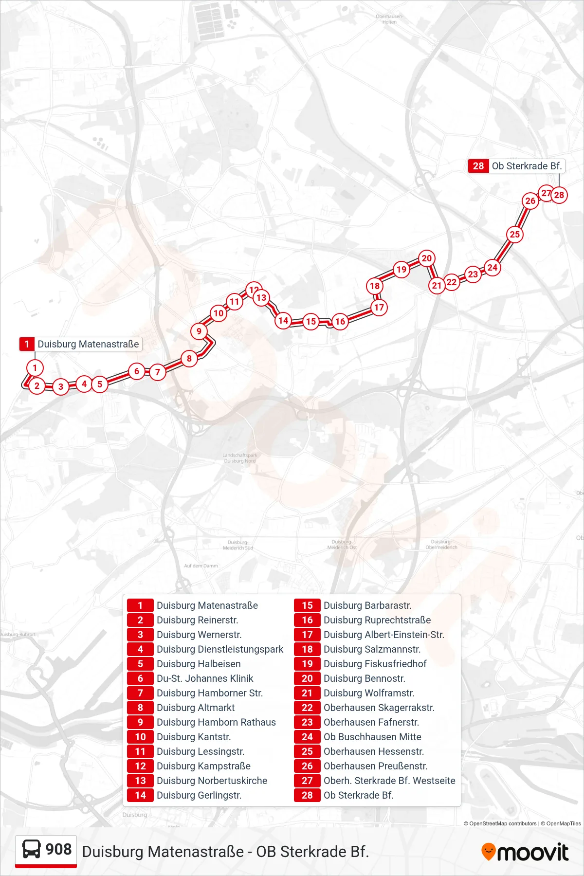 908 bus Line (Ob Sterkrade Bf.) route and stops on a map