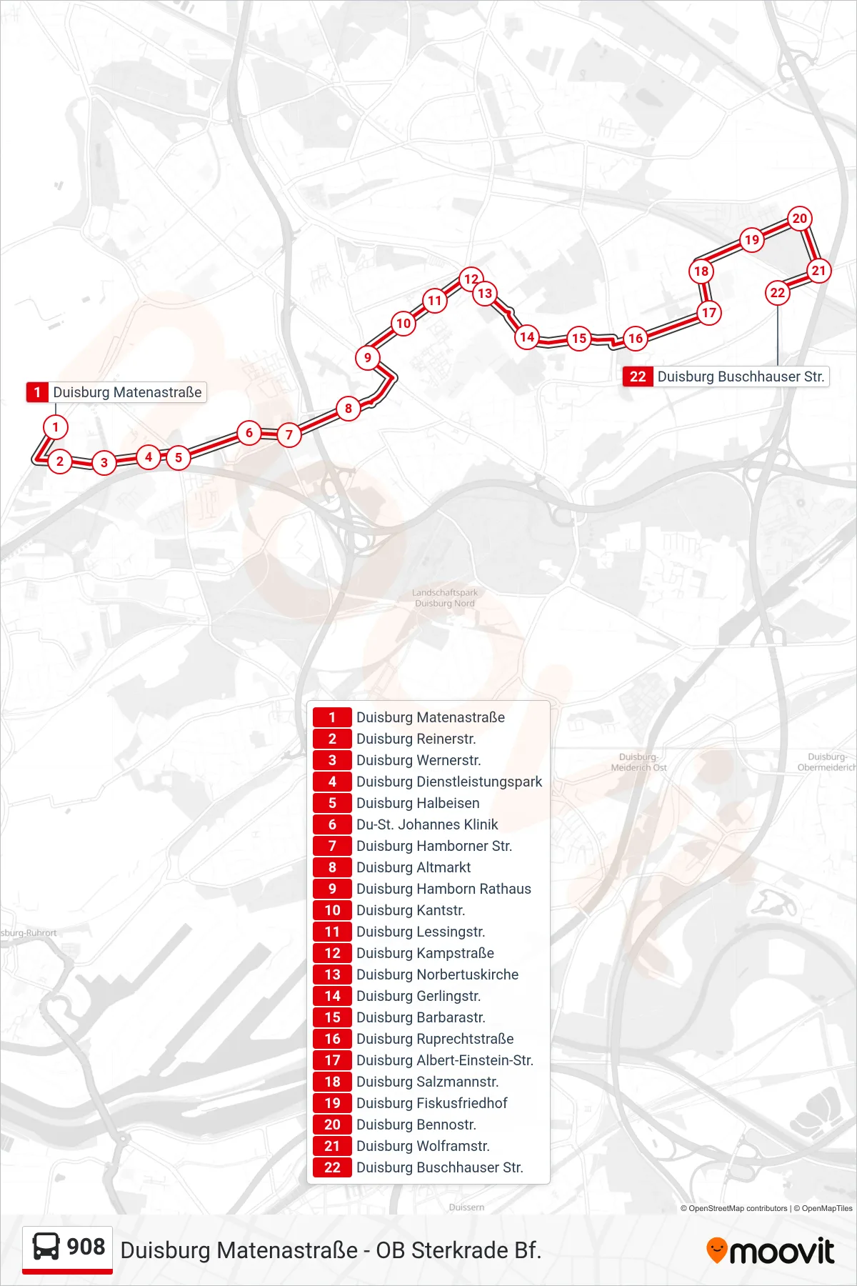 908 bus Line (Duisburg Buschhauser Str.) route and stops on a map