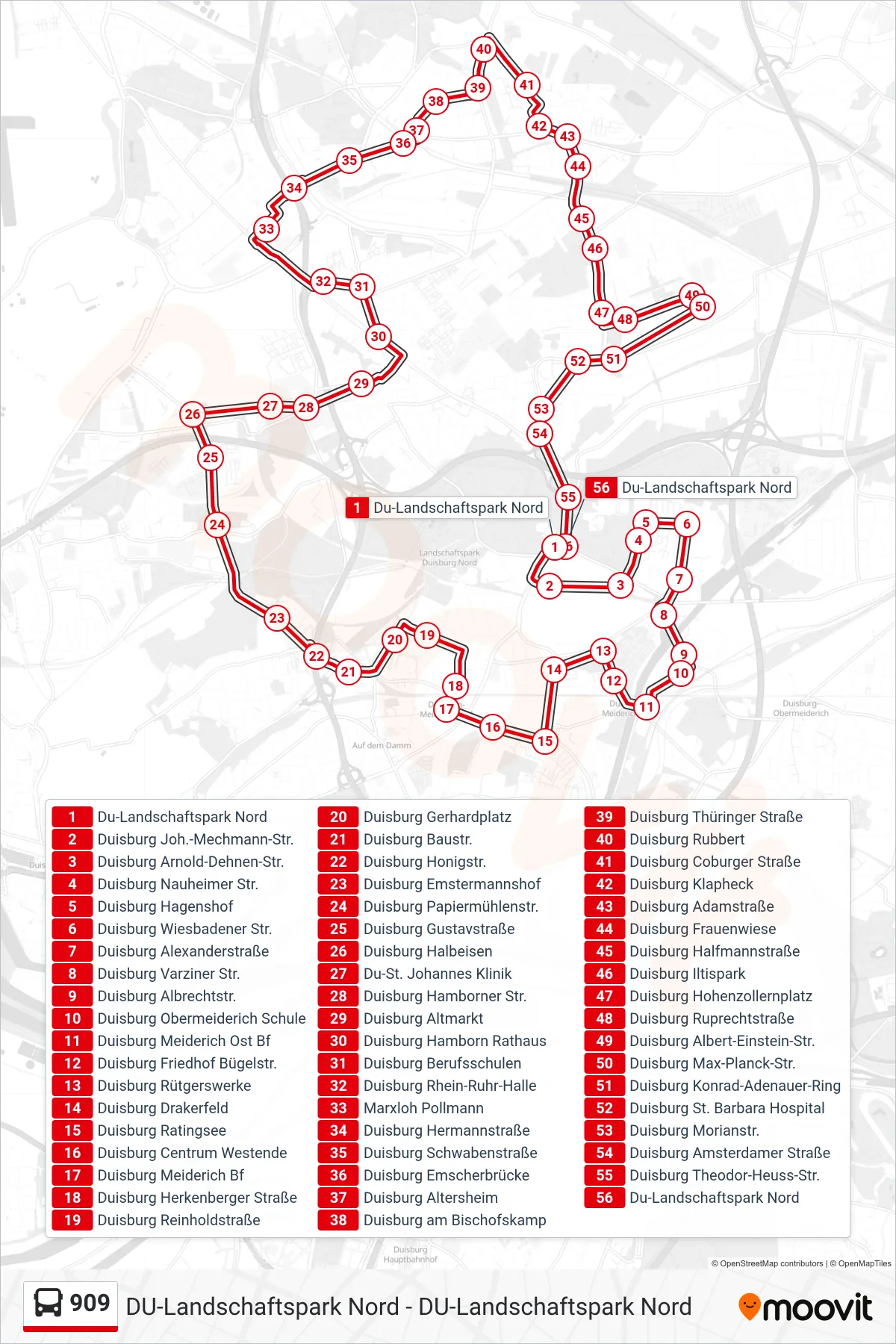 Linie 909 (Bus) Richtung Du-Landschaftspark Nord: Route und Haltestellen auf der Karte