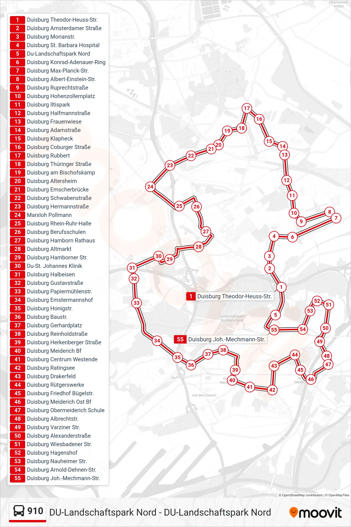 Linie 910 (Bus) Richtung Du-Landschaftspark Nord: Route und Haltestellen auf der Karte