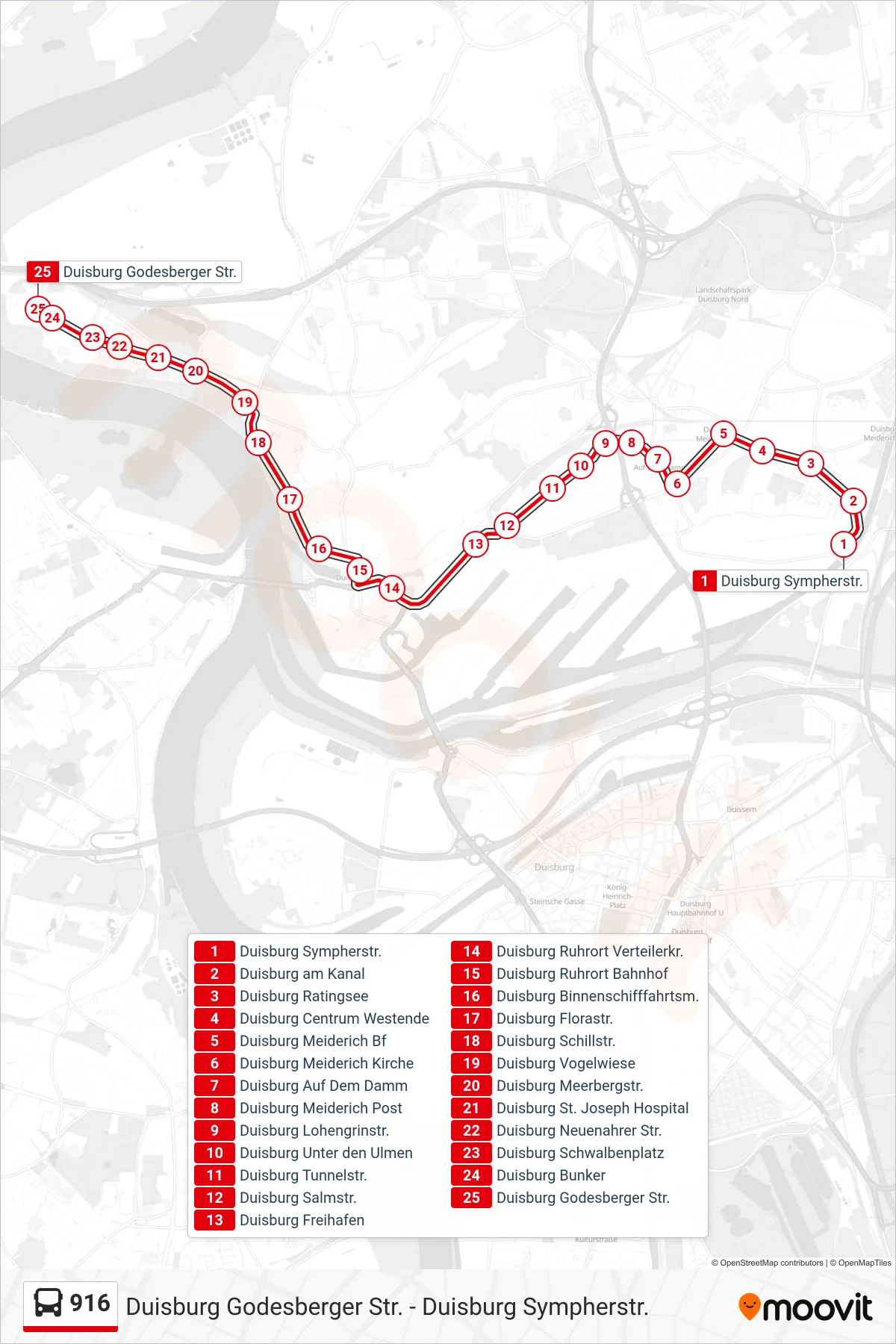Linie 916 (Bus) Richtung Duisburg Godesberger Str.: Route und Haltestellen auf der Karte