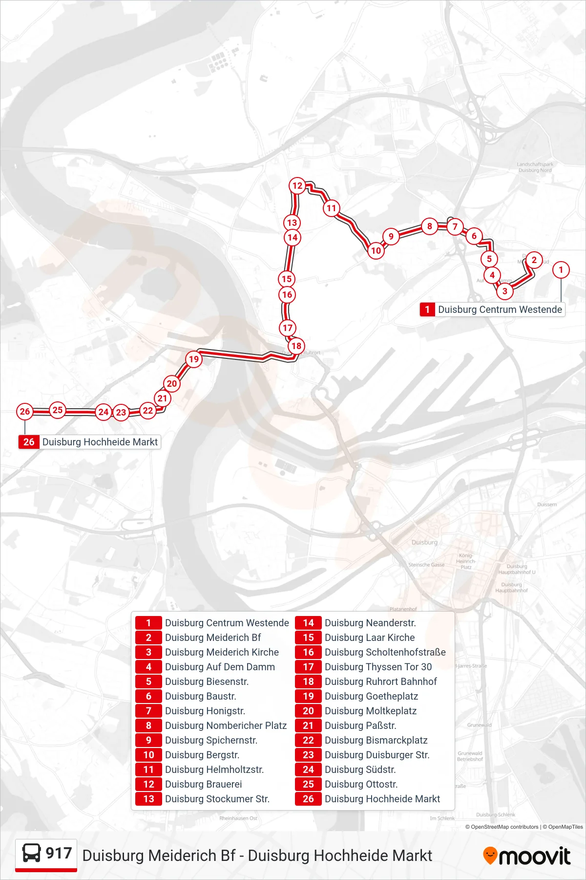 917 bus Line (Duisburg Hochheide Markt) route and stops on a map