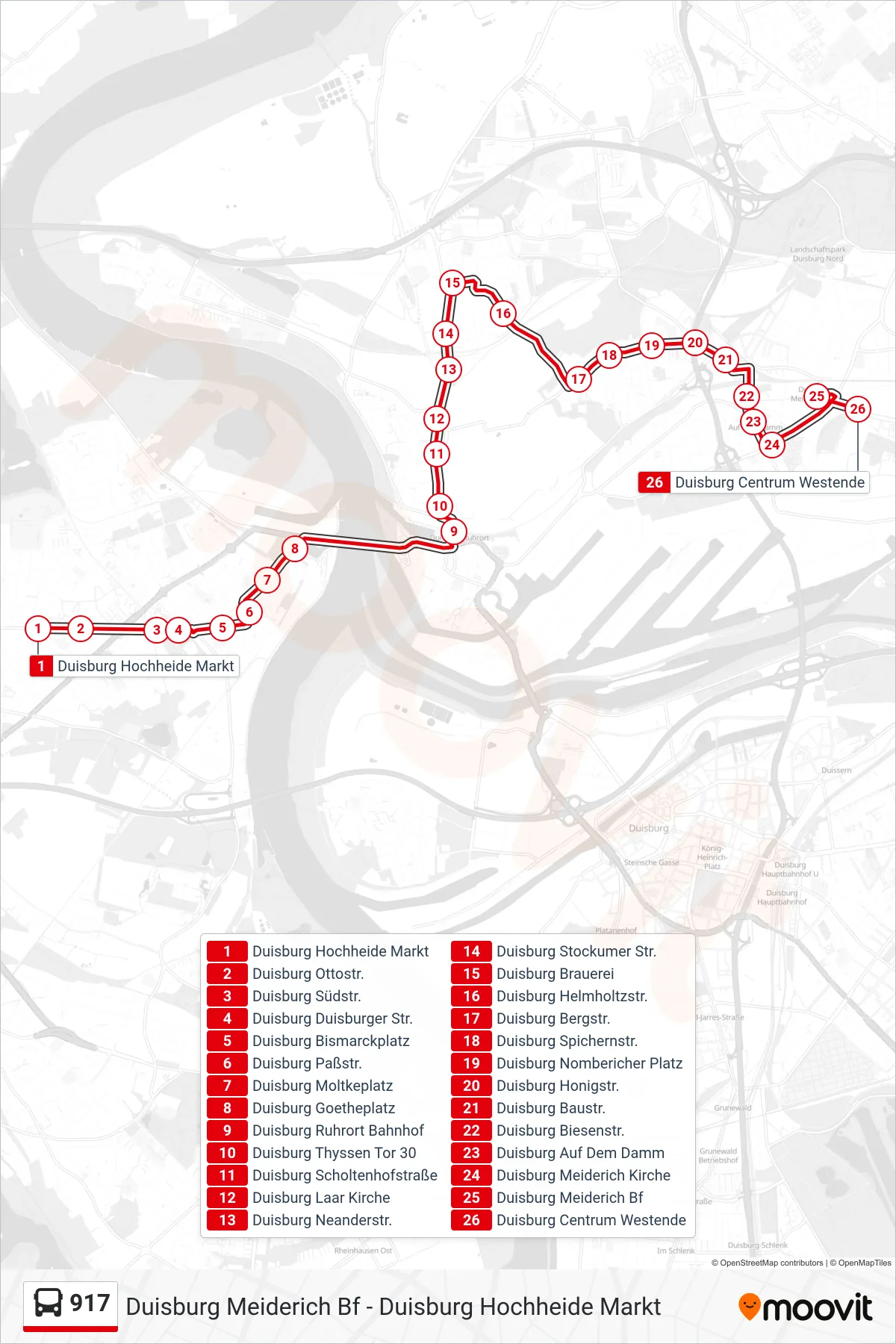 Linie 917 (Bus) Richtung Duisburg Centrum Westende: Route und Haltestellen auf der Karte