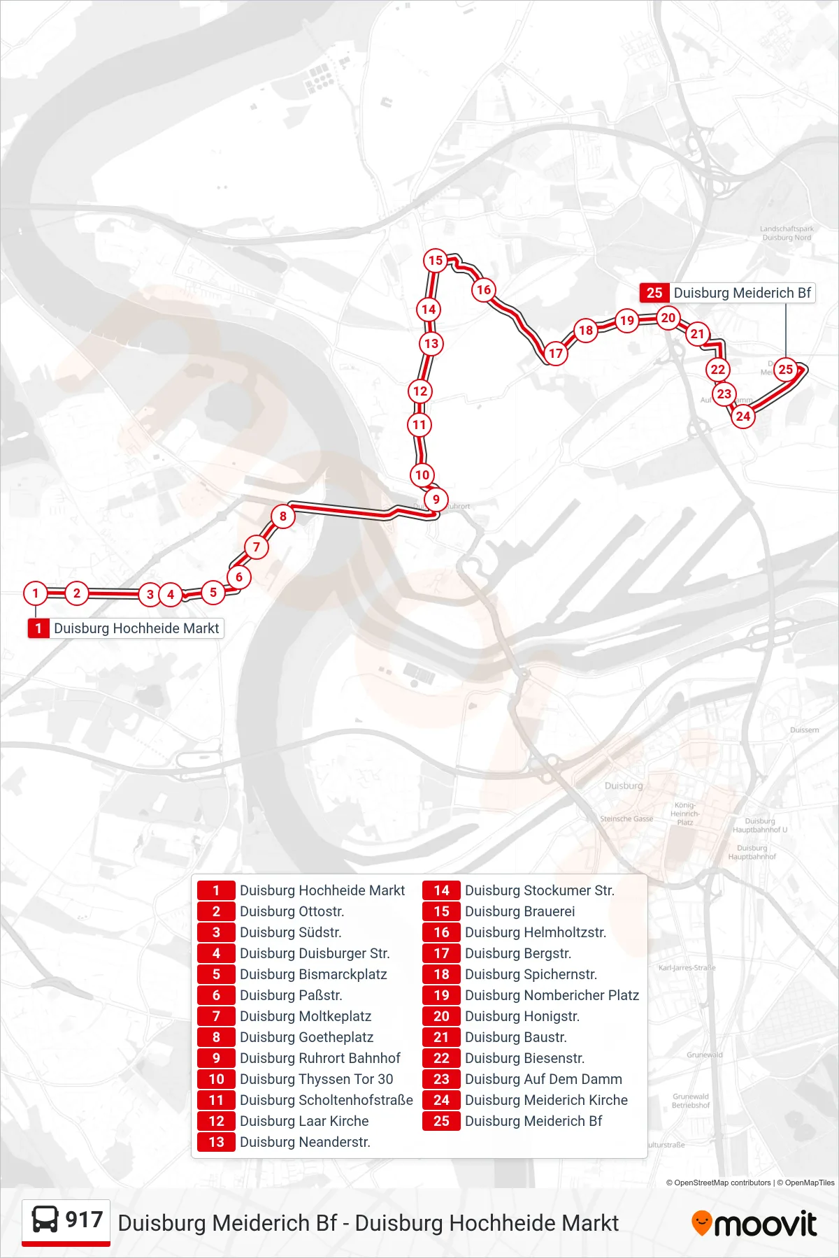 Linie 917 (Bus) Richtung Duisburg Meiderich Bf: Route und Haltestellen auf der Karte