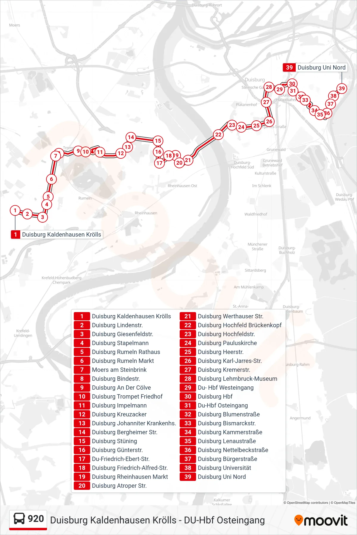 Linie 920 (Bus) Richtung Duisburg Uni Nord: Route und Haltestellen auf der Karte