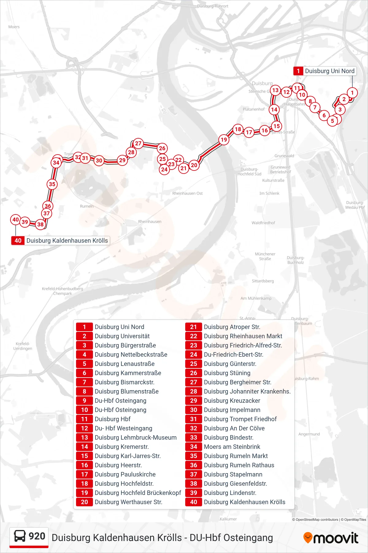 Linie 920 (Bus) Richtung Duisburg Kaldenhausen Krölls: Route und Haltestellen auf der Karte