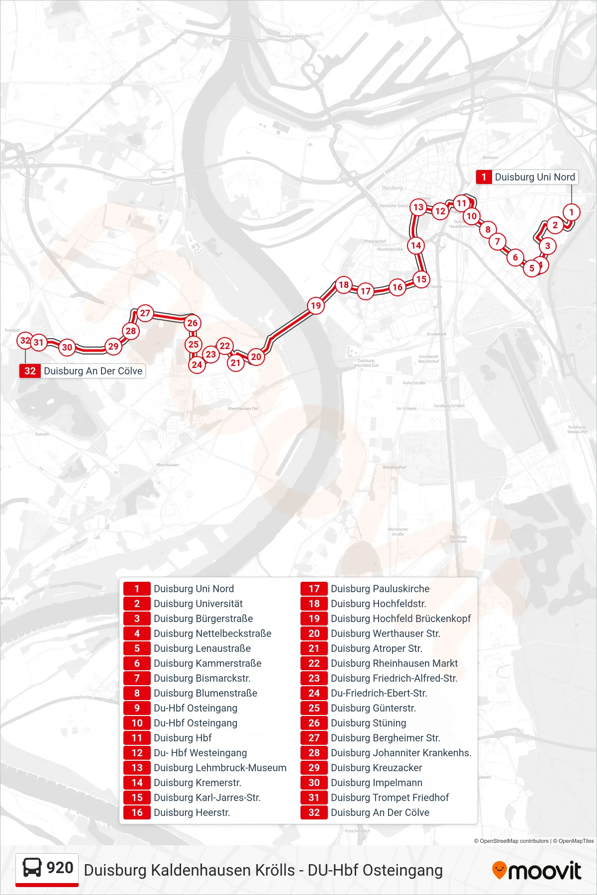 Linie 920 (Bus) Richtung Duisburg An Der Cölve: Route und Haltestellen auf der Karte