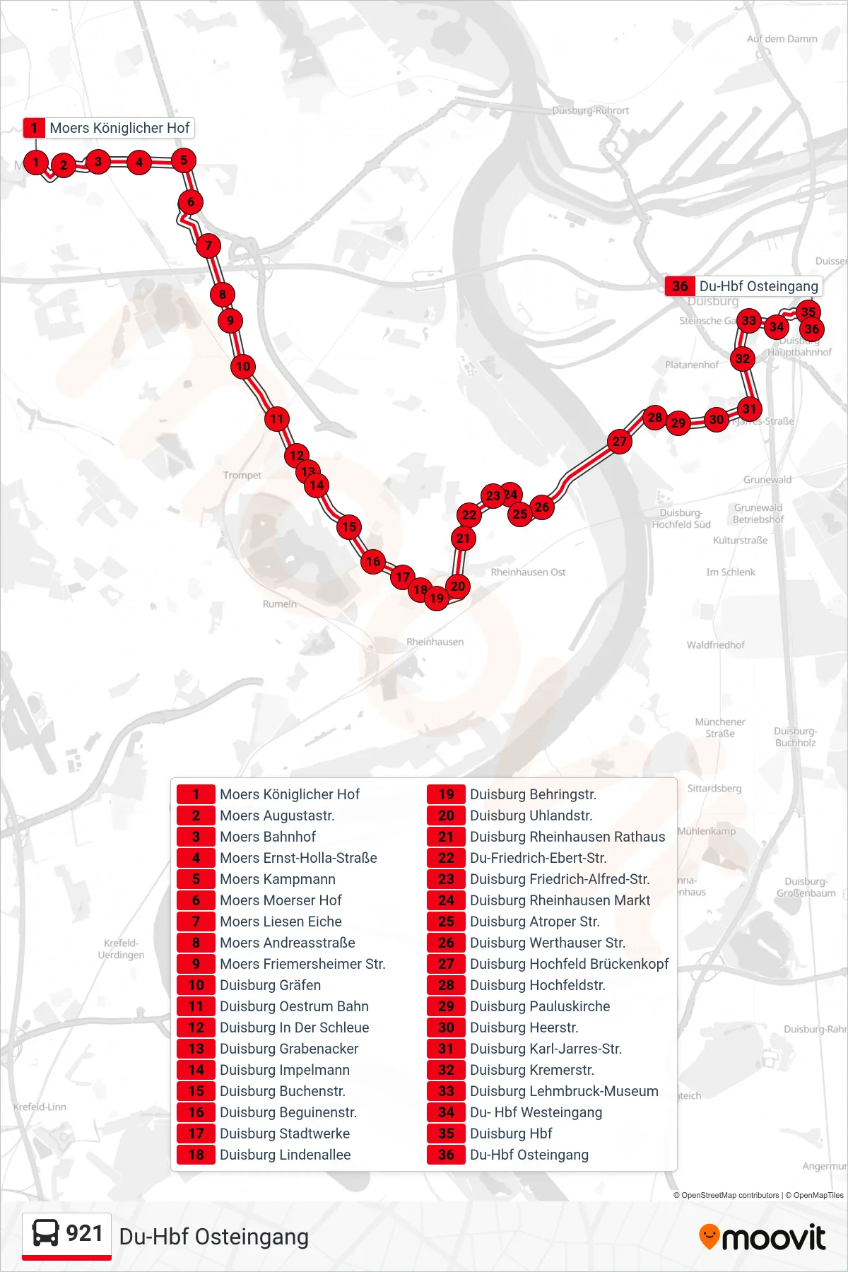 Linie 921 (Bus) Richtung Du-Hbf Osteingang: Route und Haltestellen auf der Karte