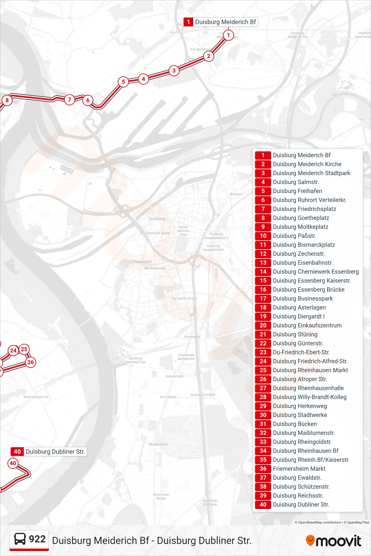 Linie 922 (Bus) Richtung Duisburg Dubliner Str.: Route und Haltestellen auf der Karte