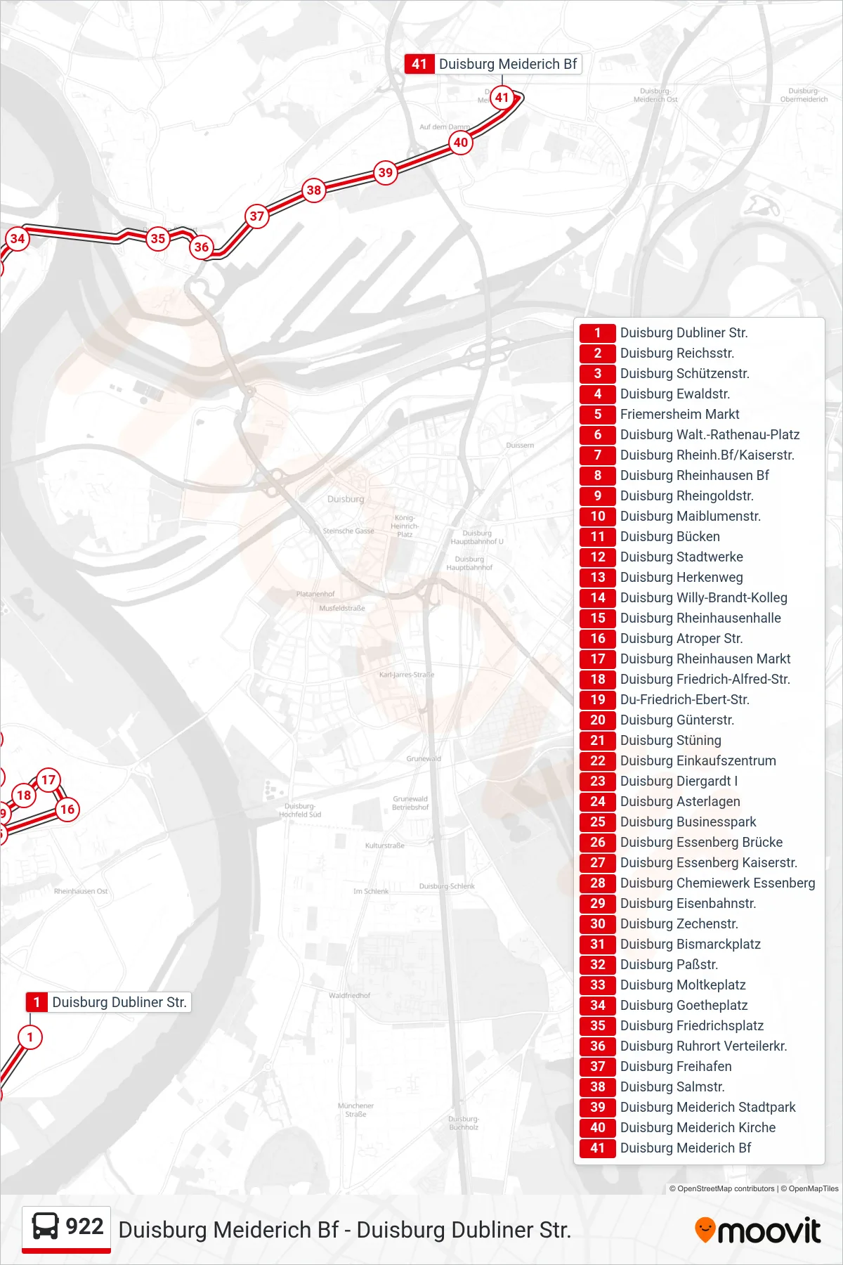 Linie 922 (Bus) Richtung Duisburg Meiderich Bf: Route und Haltestellen auf der Karte