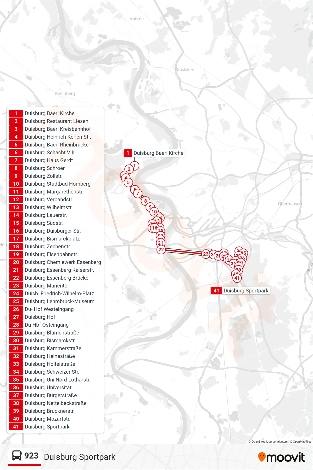 Linie 923 (Bus) Richtung Duisburg Sportpark: Route und Haltestellen auf der Karte