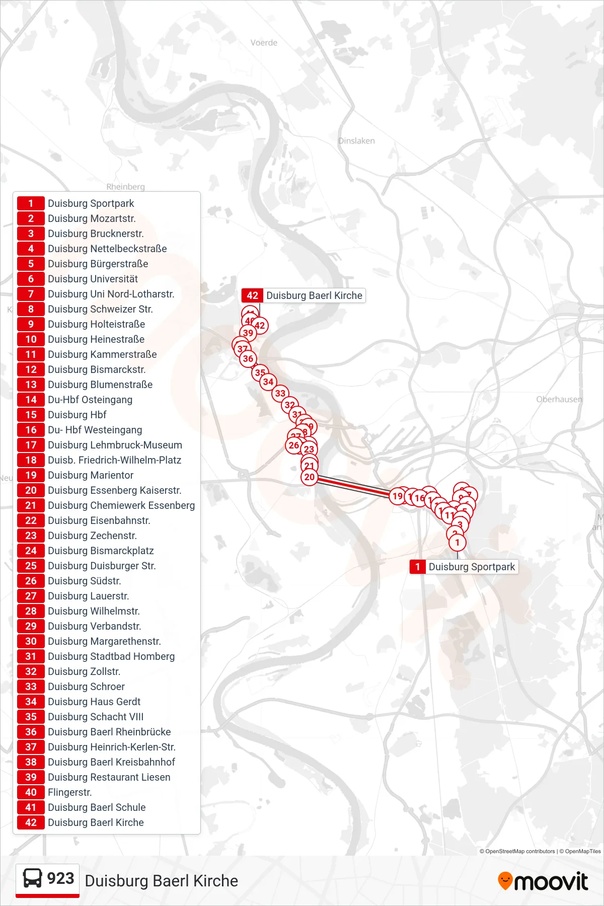 Linie 923 (Bus) Richtung Duisburg Baerl Kirche: Route und Haltestellen auf der Karte