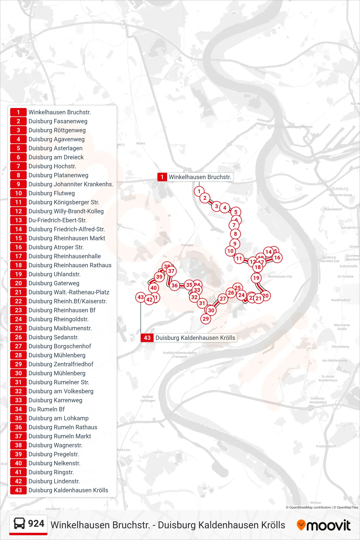 Linie 924 (Bus) Richtung Duisburg Kaldenhausen Krölls: Route und Haltestellen auf der Karte