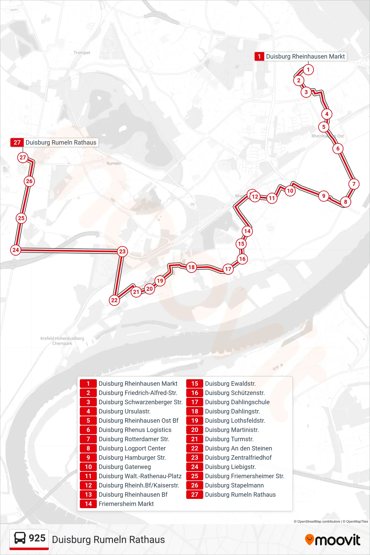 Linie 925 (Bus) Richtung Duisburg Rumeln Rathaus: Route und Haltestellen auf der Karte