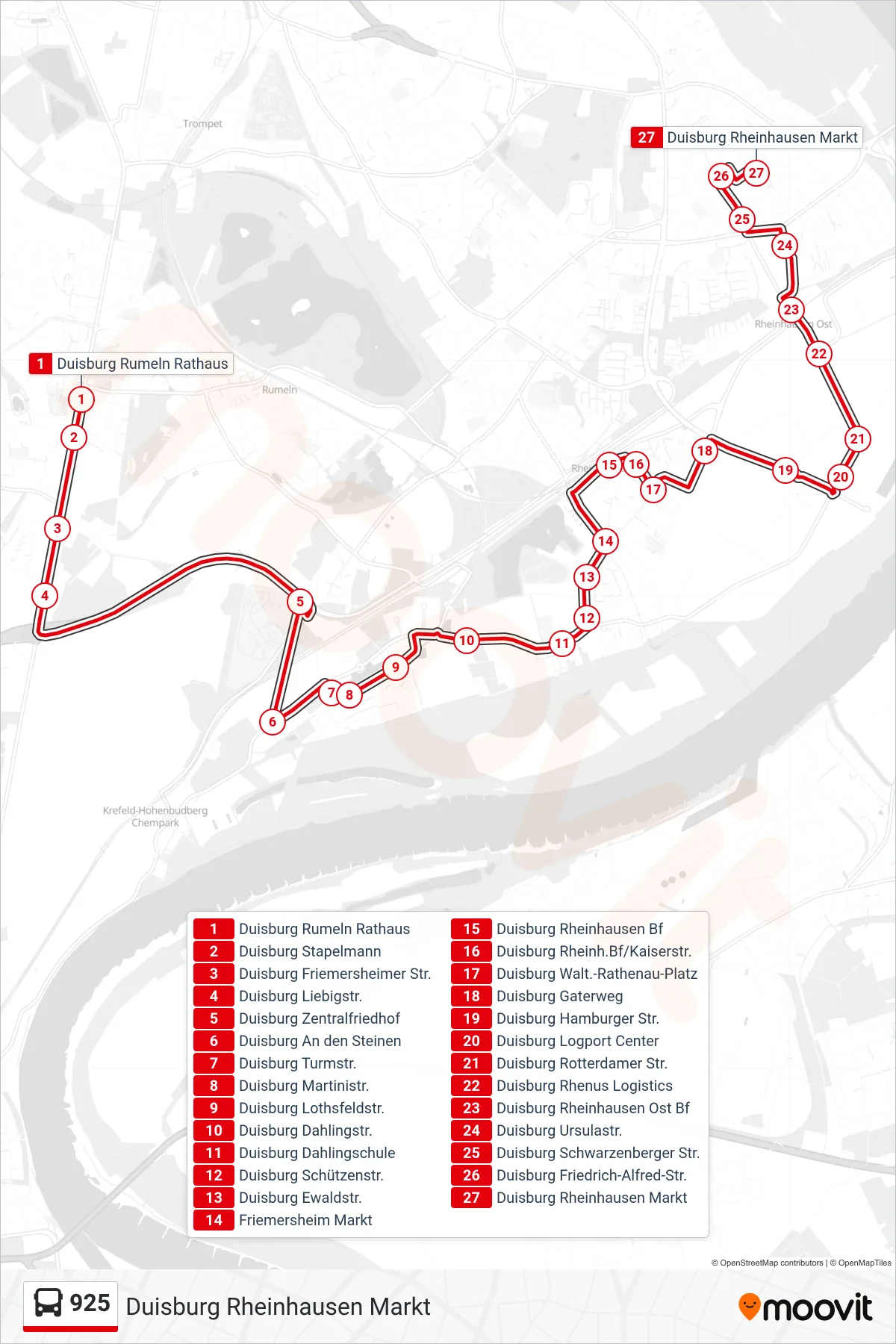 Linie 925 (Bus) Richtung Duisburg Rheinhausen Markt: Route und Haltestellen auf der Karte
