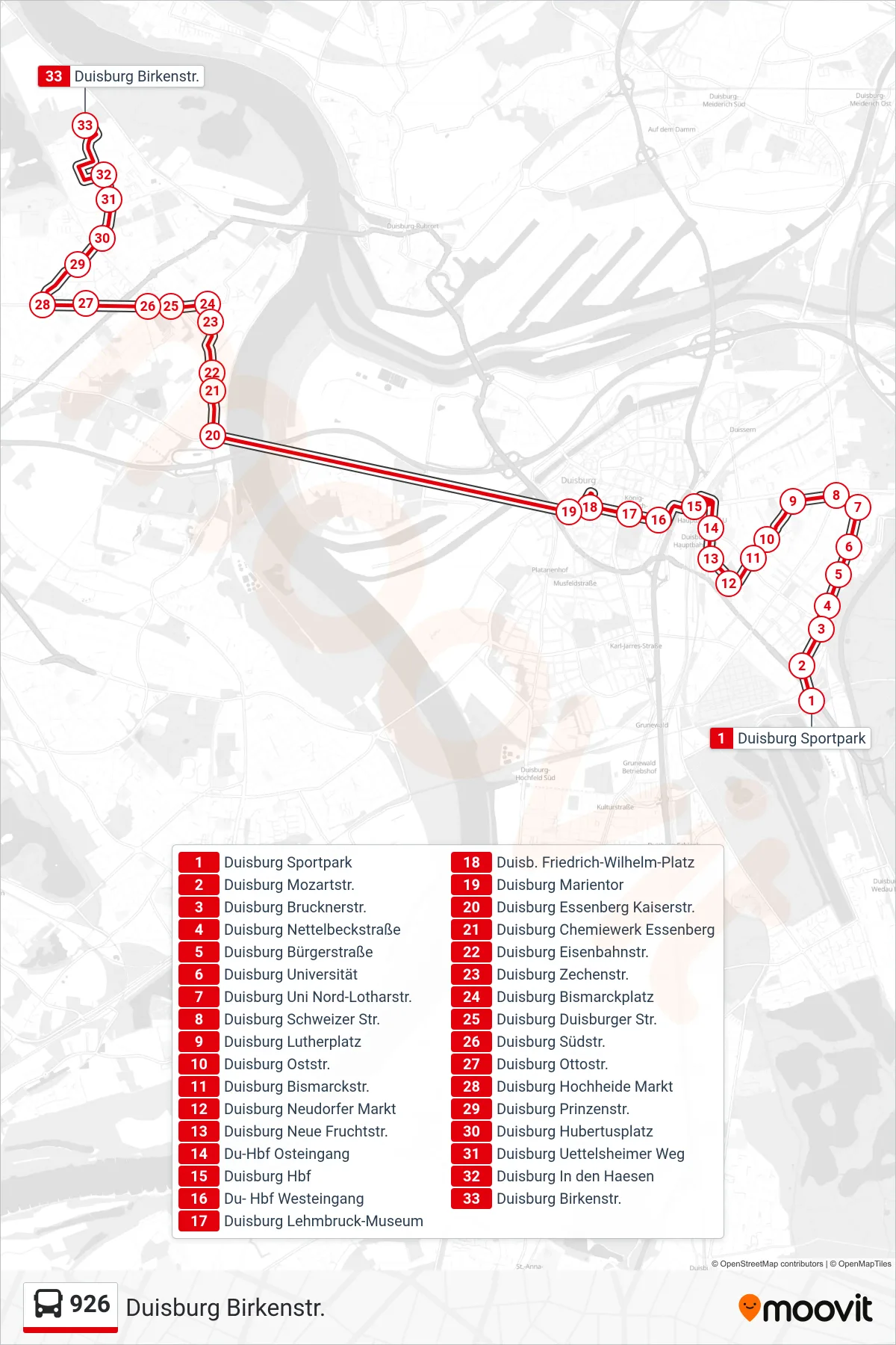 Linie 926 (Bus) Richtung Duisburg Birkenstr.: Route und Haltestellen auf der Karte
