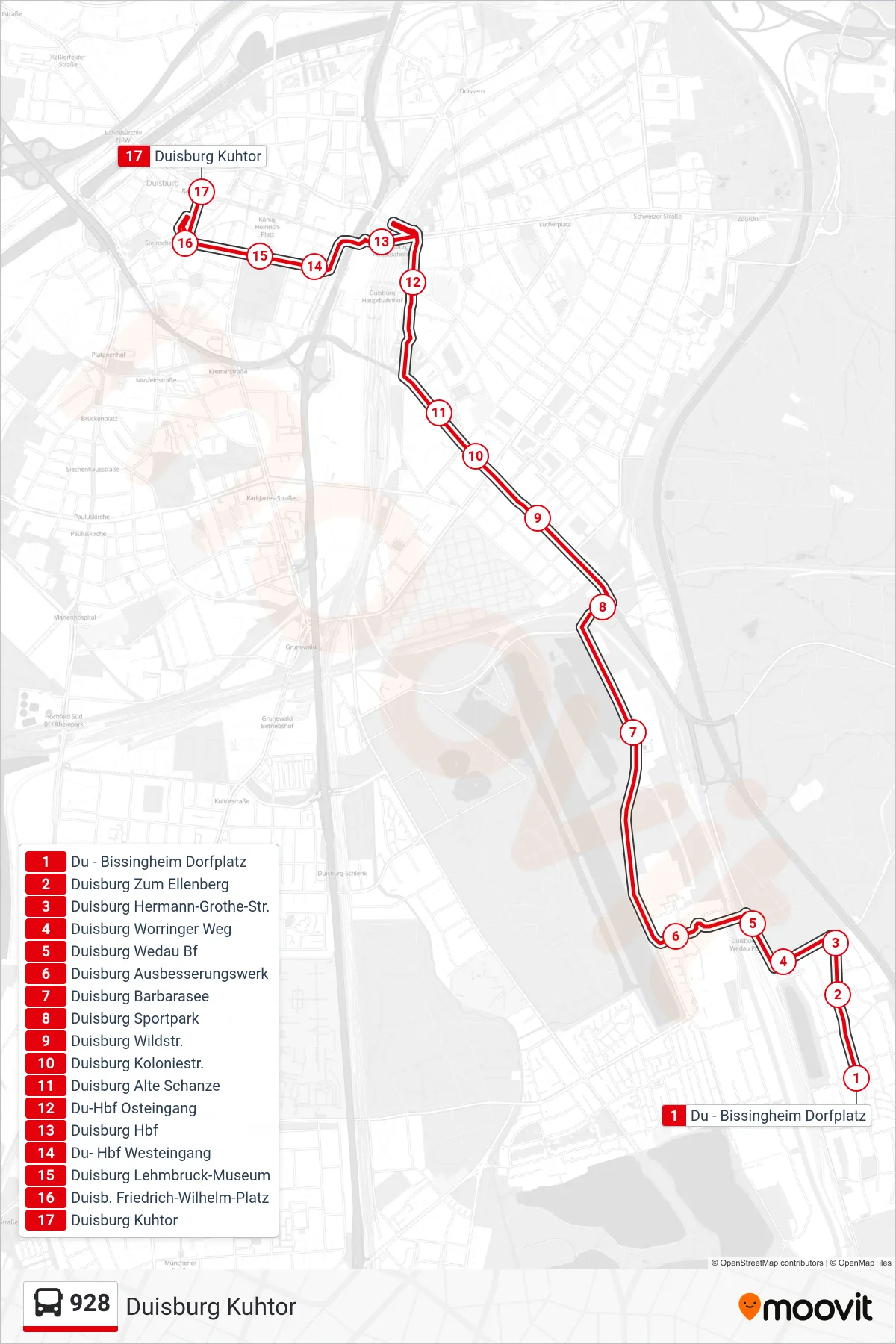 Linie 928 (Bus) Richtung Duisburg Kuhtor: Route und Haltestellen auf der Karte