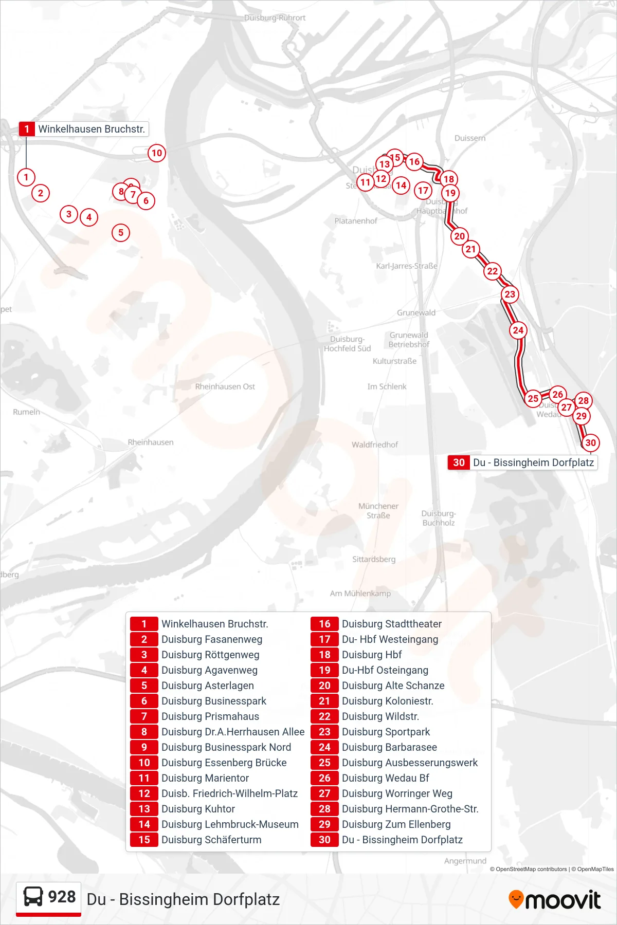 Linie 928 (Bus) Richtung Du - Bissingheim Dorfplatz: Route und Haltestellen auf der Karte