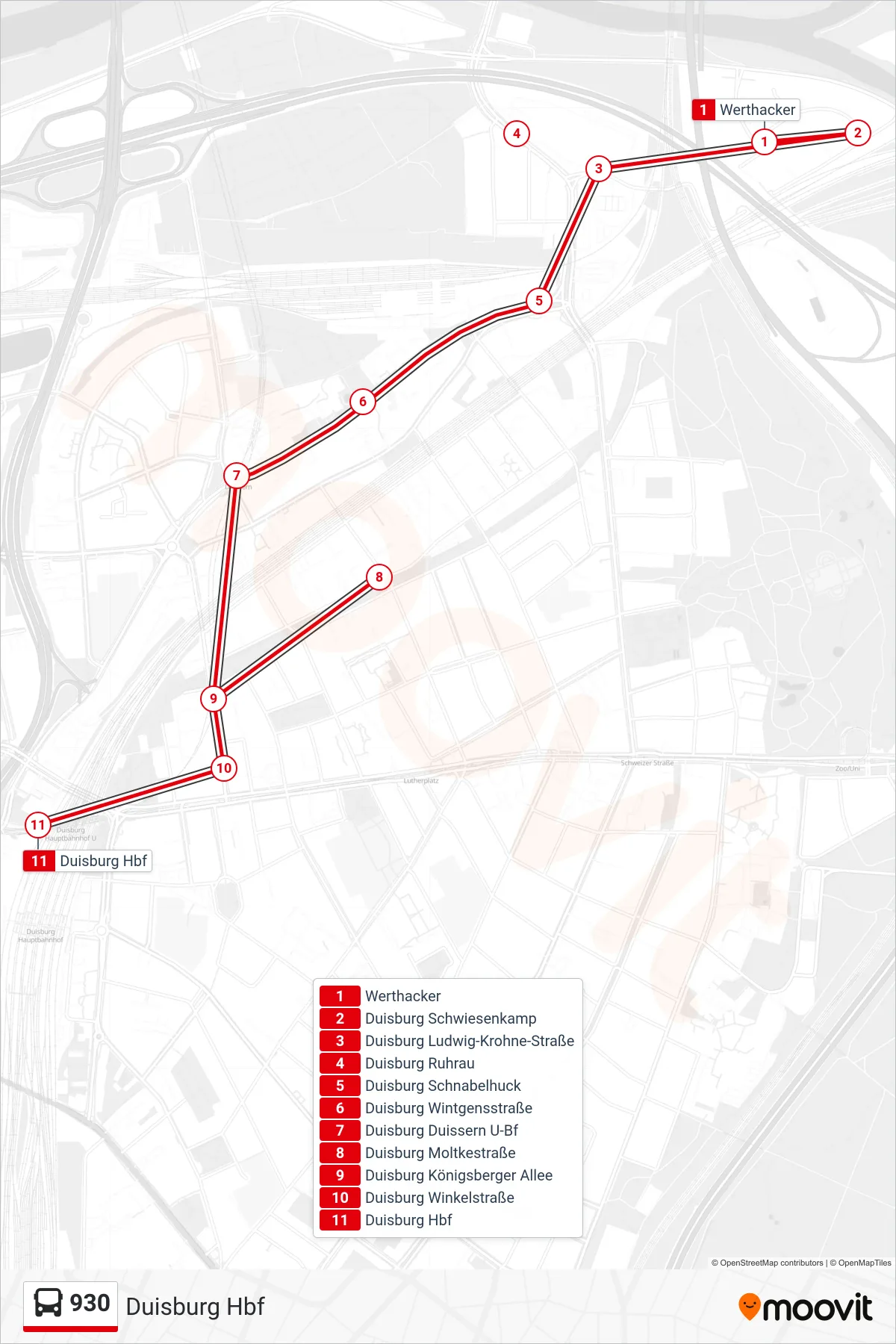 Linie 930 (Bus) Richtung Duisburg Hbf: Route und Haltestellen auf der Karte