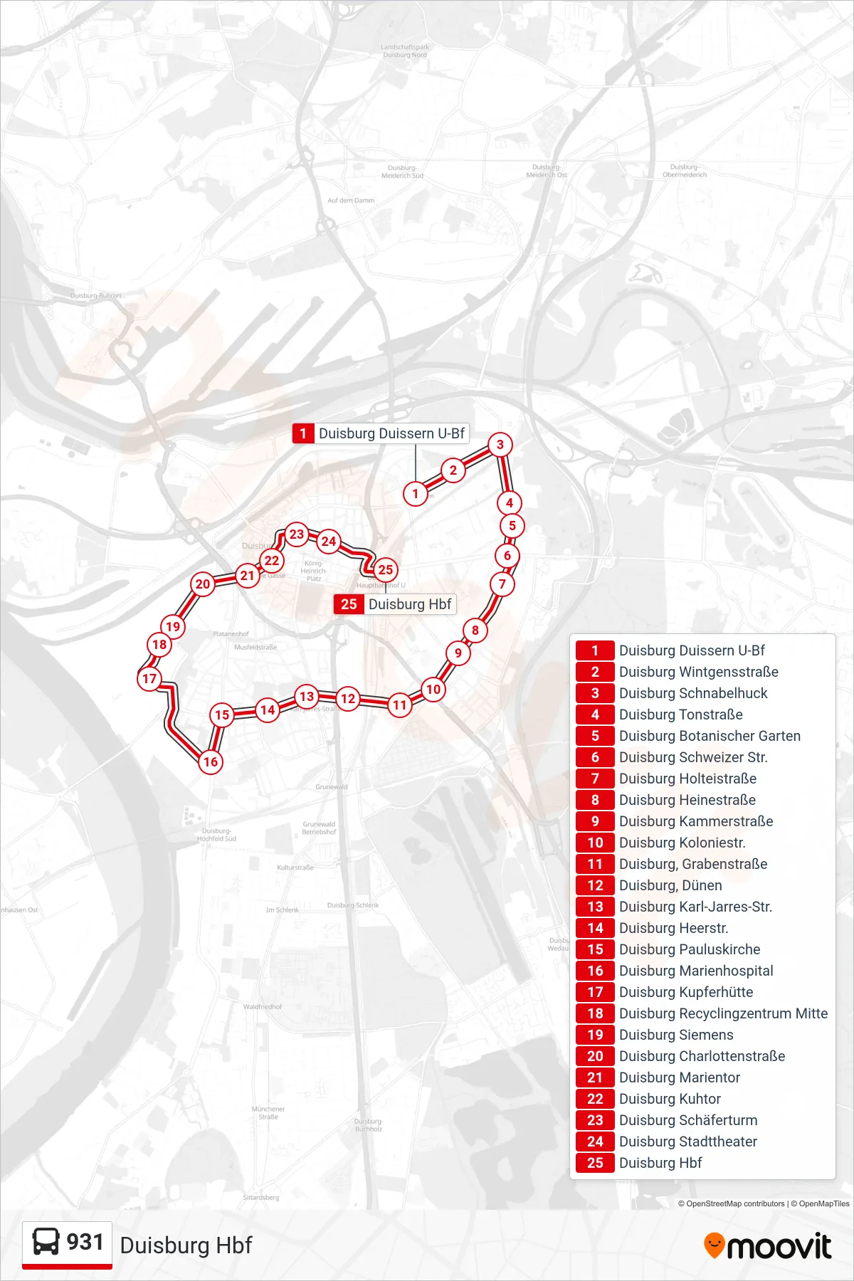 Linie 931 (Bus) Richtung Duisburg Hbf: Route und Haltestellen auf der Karte