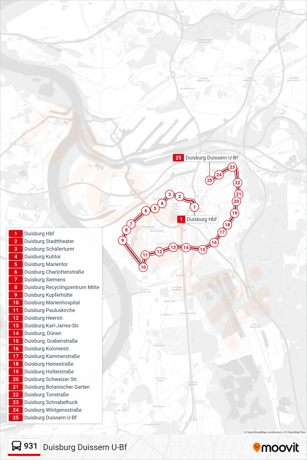 Linie 931 (Bus) Richtung Duisburg Duissern U-Bf: Route und Haltestellen auf der Karte