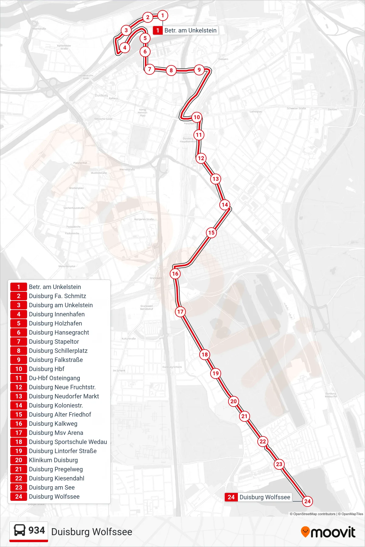 Linie 934 (Bus) Richtung Duisburg Wolfssee: Route und Haltestellen auf der Karte