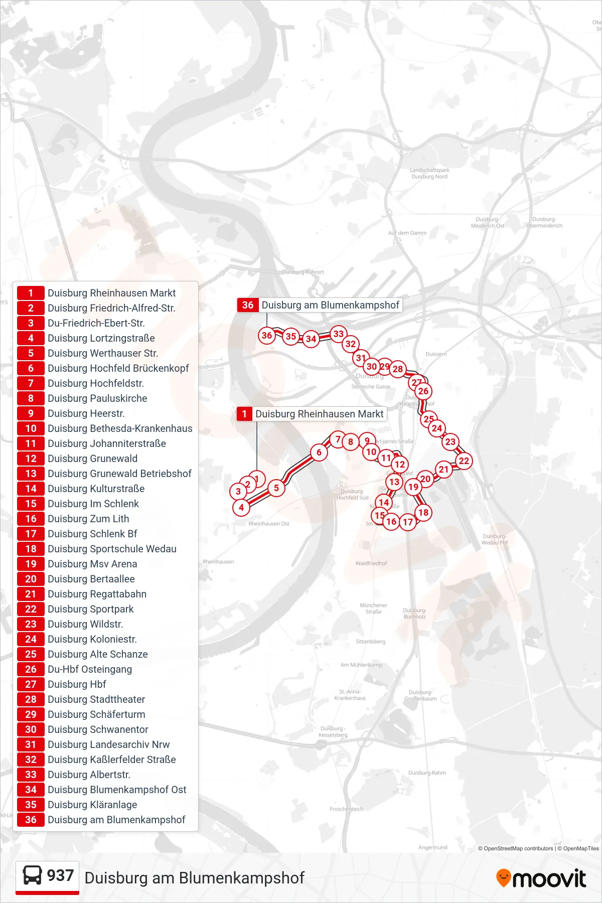 Linie 937 (Bus) Richtung Duisburg am Blumenkampshof: Route und Haltestellen auf der Karte