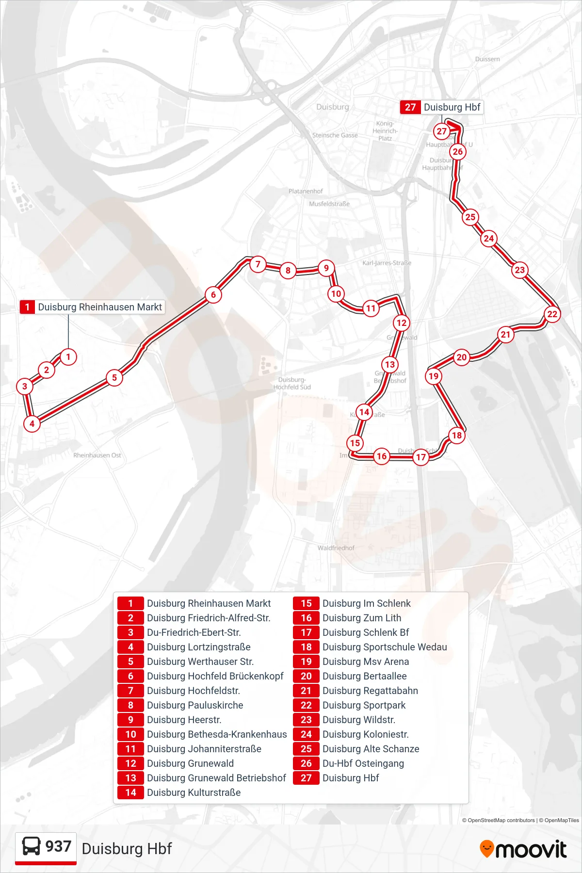 Linie 937 (Bus) Richtung Duisburg Hbf: Route und Haltestellen auf der Karte