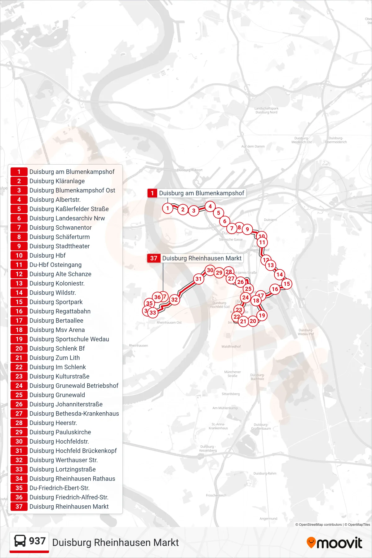 Linie 937 (Bus) Richtung Duisburg Rheinhausen Markt: Route und Haltestellen auf der Karte