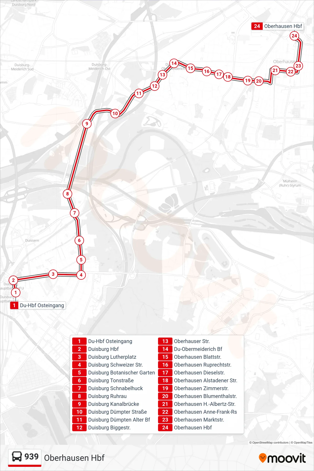 Linie 939 (Bus) Richtung Oberhausen Hbf: Route und Haltestellen auf der Karte
