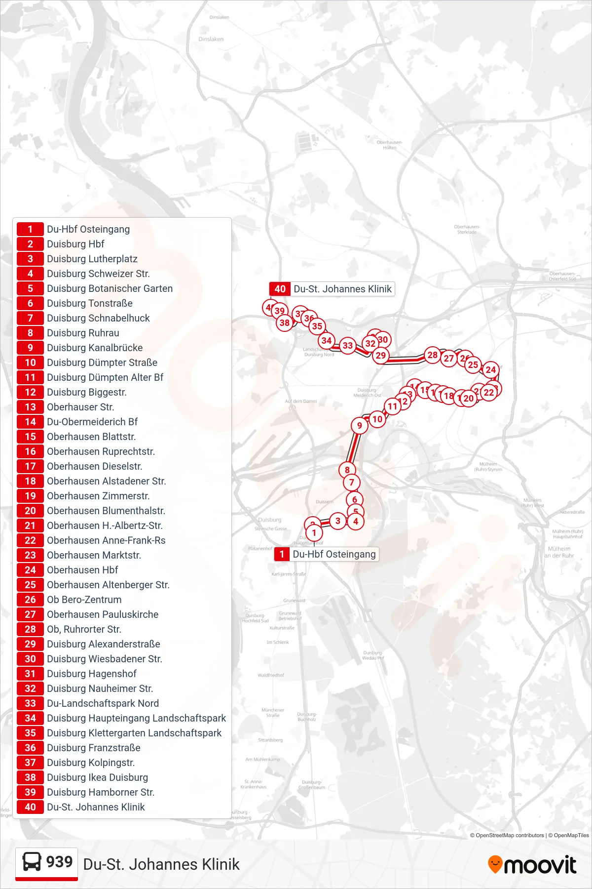 Linie 939 (Bus) Richtung Du-St. Johannes Klinik: Route und Haltestellen auf der Karte