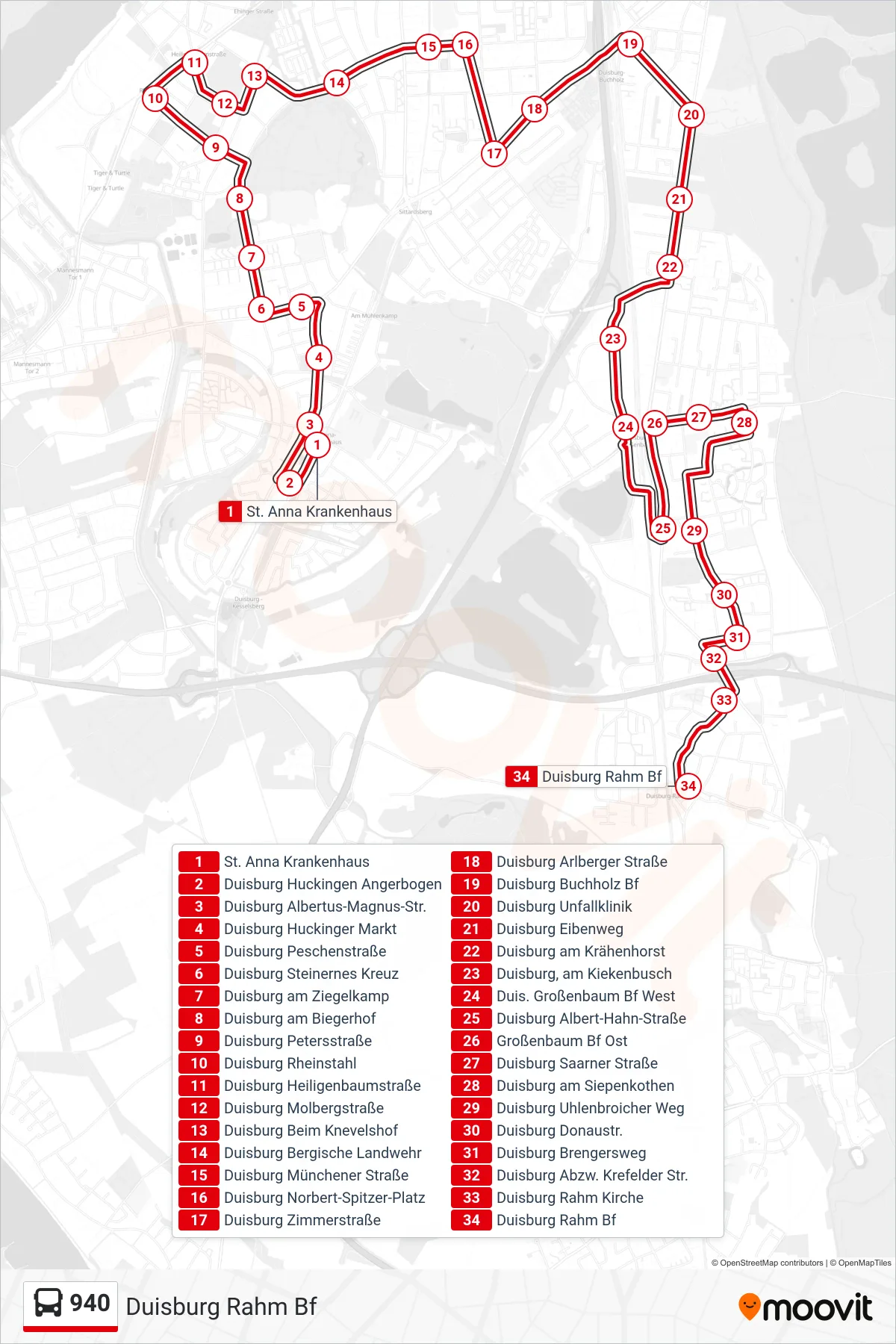Linie 940 (Bus) Richtung Duisburg Rahm Bf: Route und Haltestellen auf der Karte