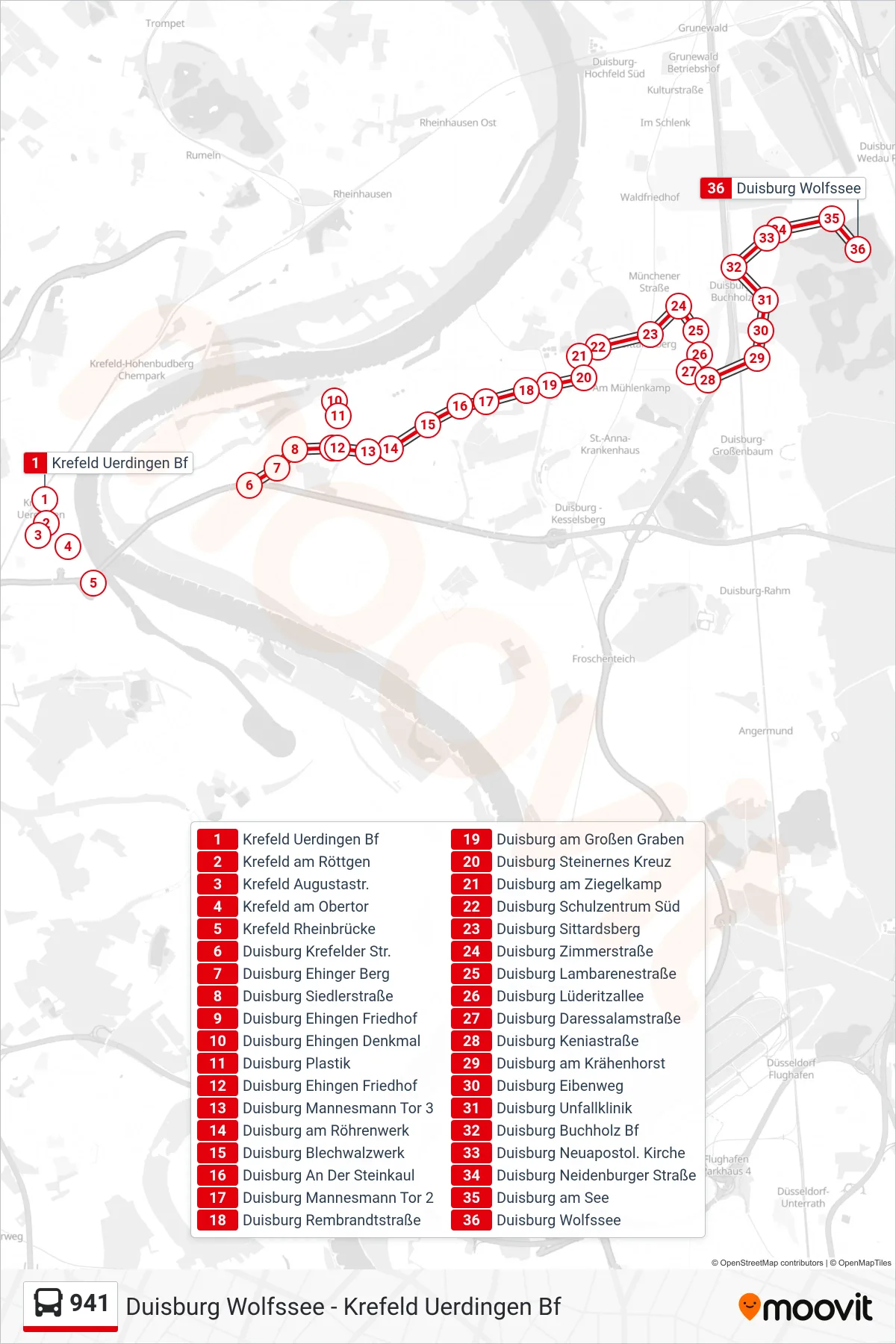 941 bus Line (Duisburg Wolfssee) route and stops on a map