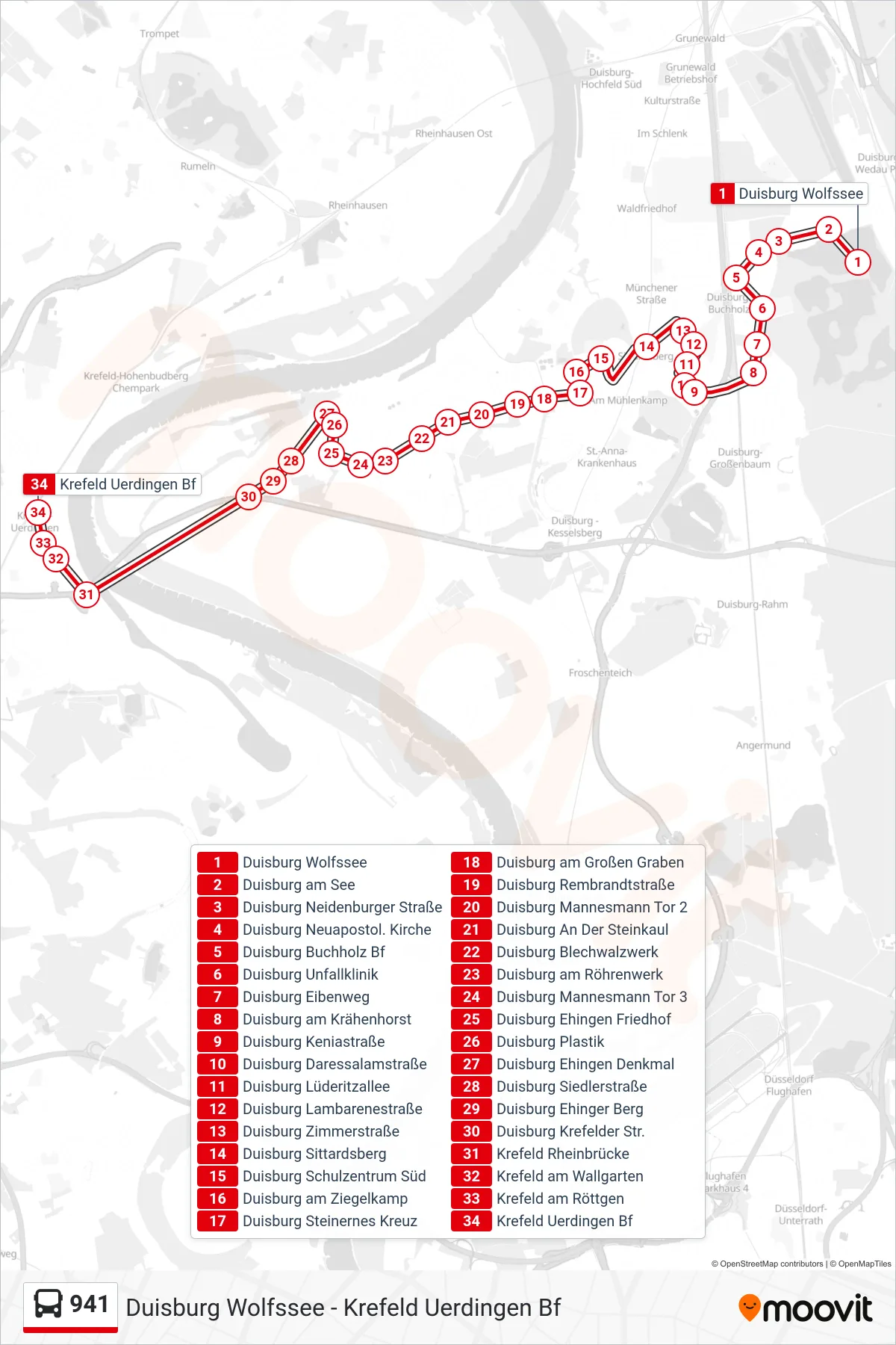 Linie 941 (Bus) Richtung Krefeld Uerdingen Bf: Route und Haltestellen auf der Karte