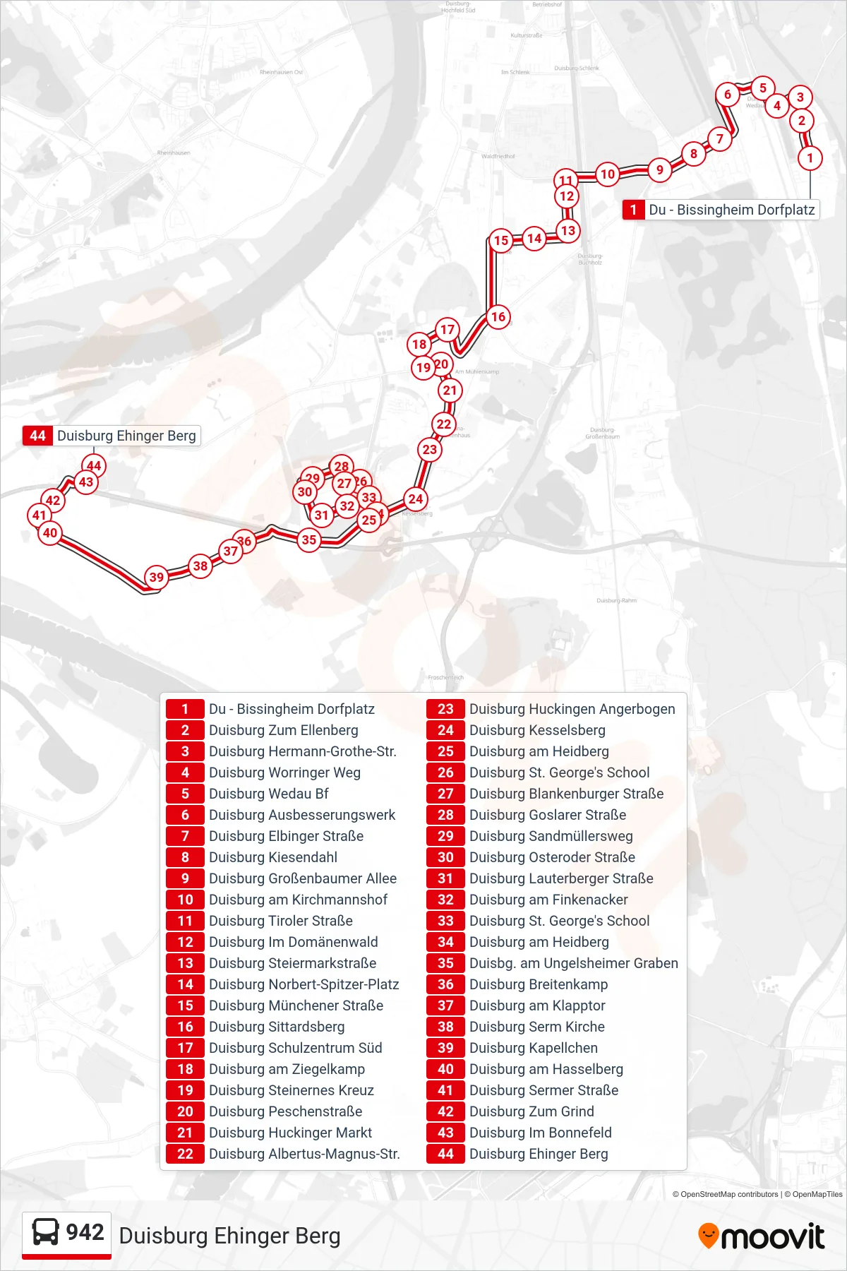 Linie 942 (Bus) Richtung Duisburg Ehinger Berg: Route und Haltestellen auf der Karte