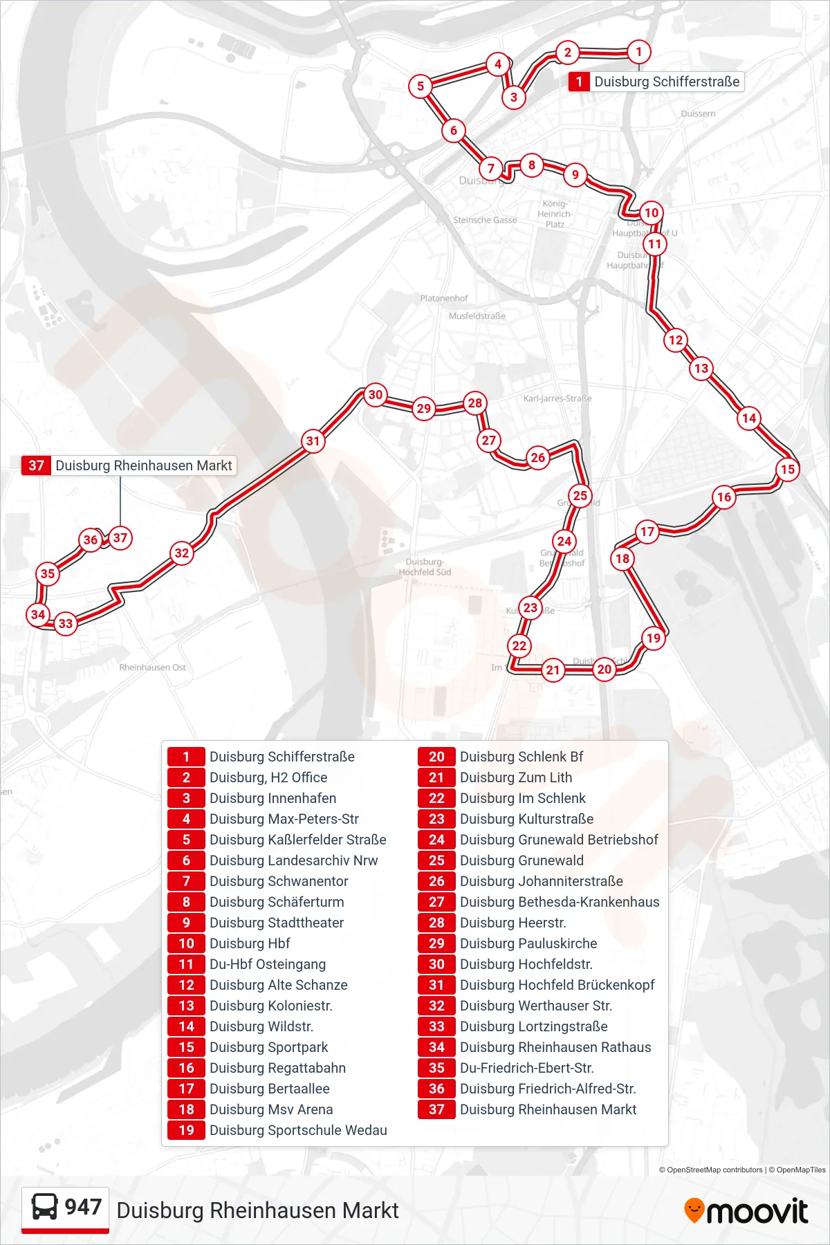 Linie 947 (Bus) Richtung Duisburg Rheinhausen Markt: Route und Haltestellen auf der Karte