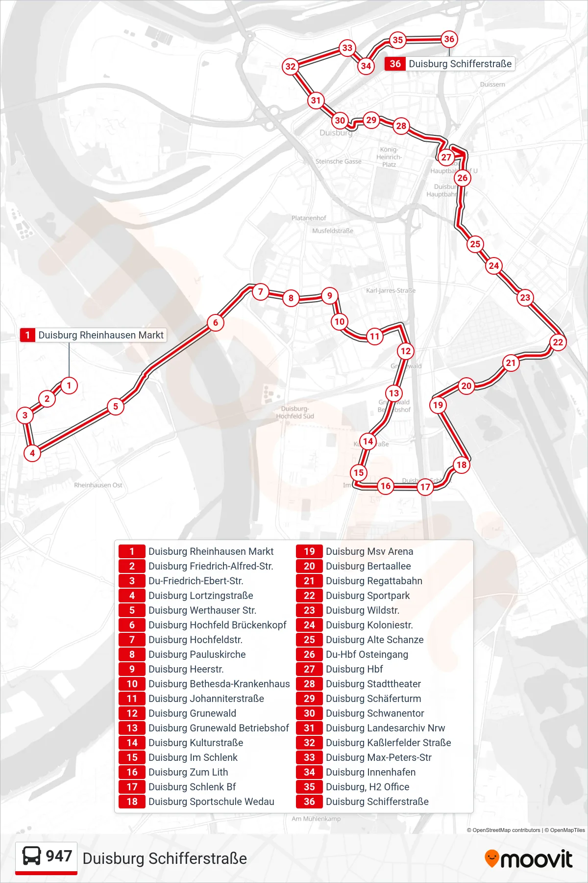 947 bus Line (Duisburg Schifferstraße) route and stops on a map