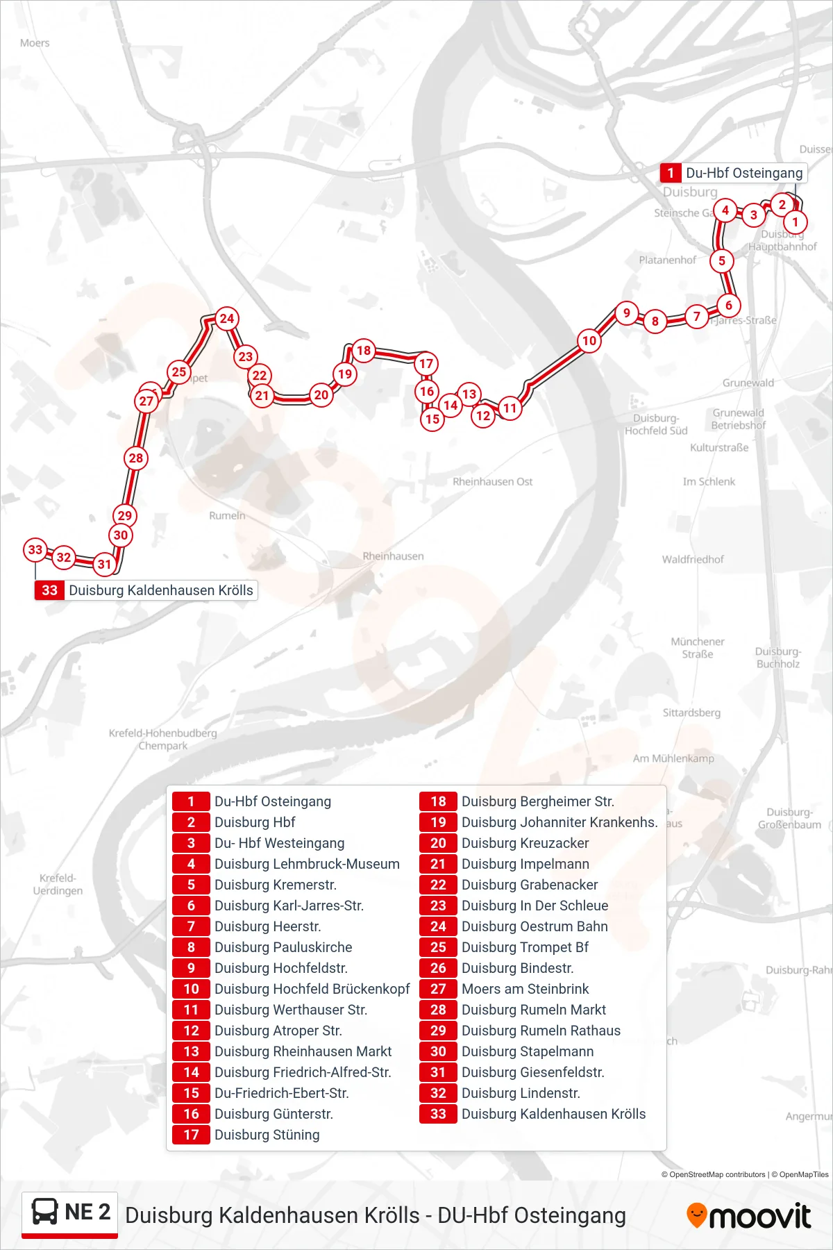 NE 2 bus Line (Duisburg Kaldenhausen Krölls) route and stops on a map