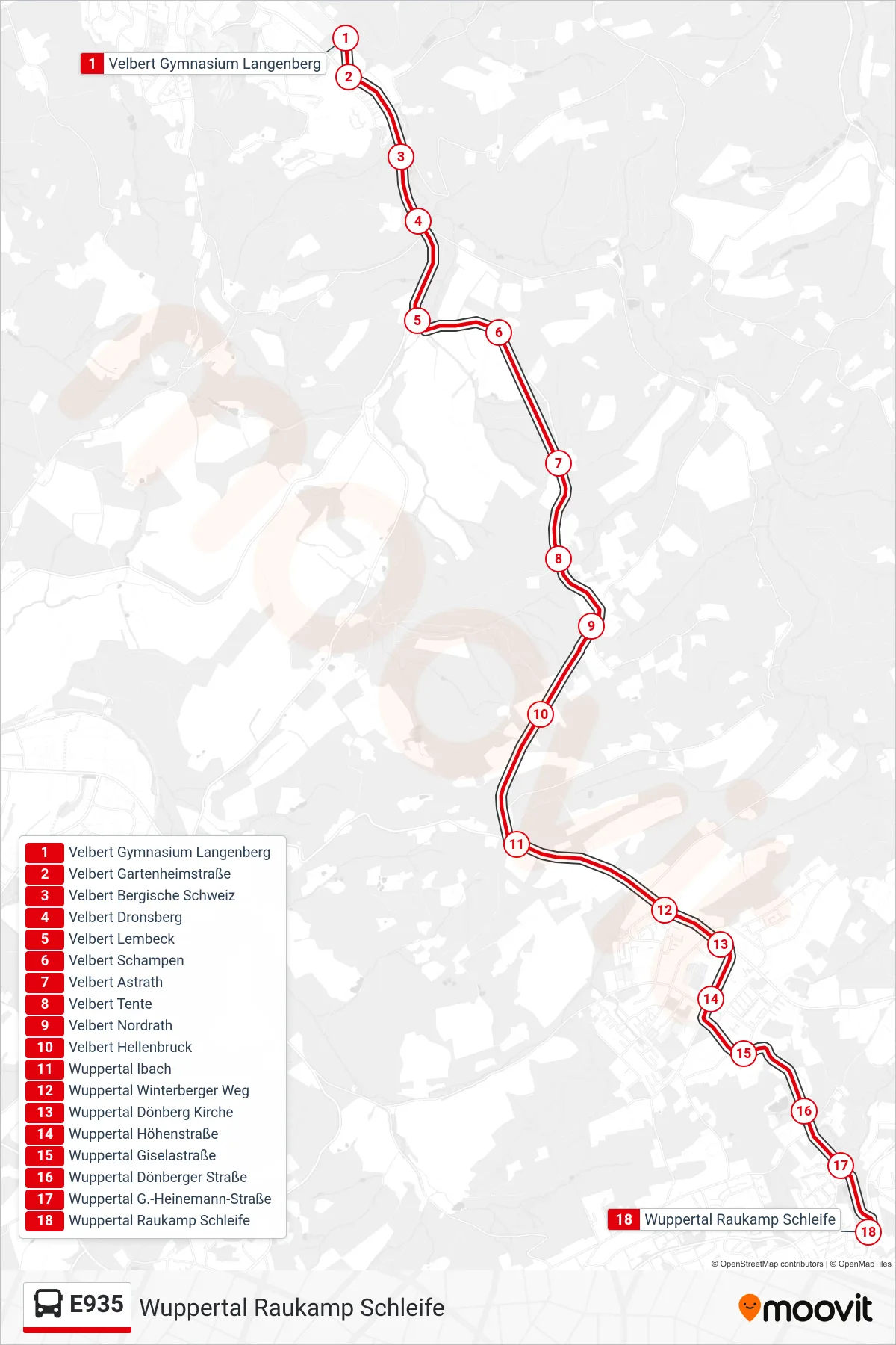 Linie E935 (Bus) Richtung Wuppertal Raukamp Schleife: Route und Haltestellen auf der Karte