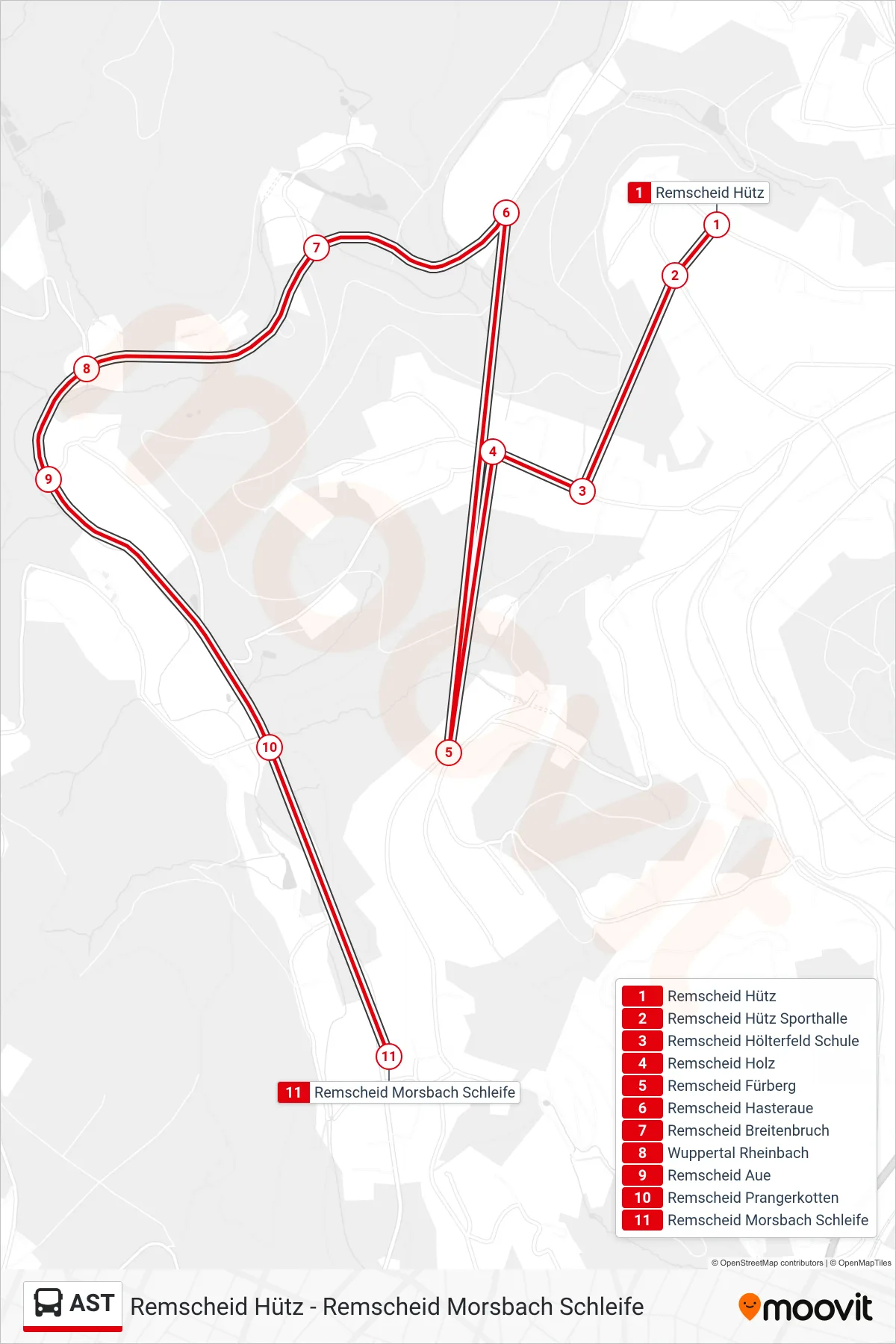 Linie AST (Bus) Richtung Remscheid Morsbach Schleife: Route und Haltestellen auf der Karte
