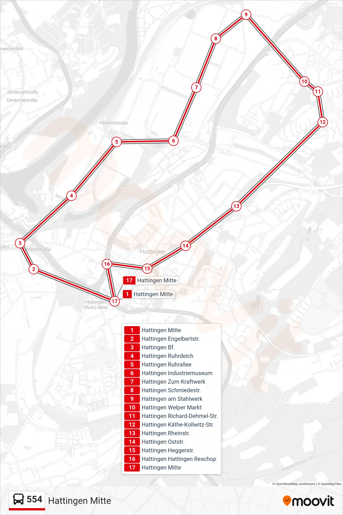 Linie 554 (Bus) Richtung Hattingen Mitte: Route und Haltestellen auf der Karte