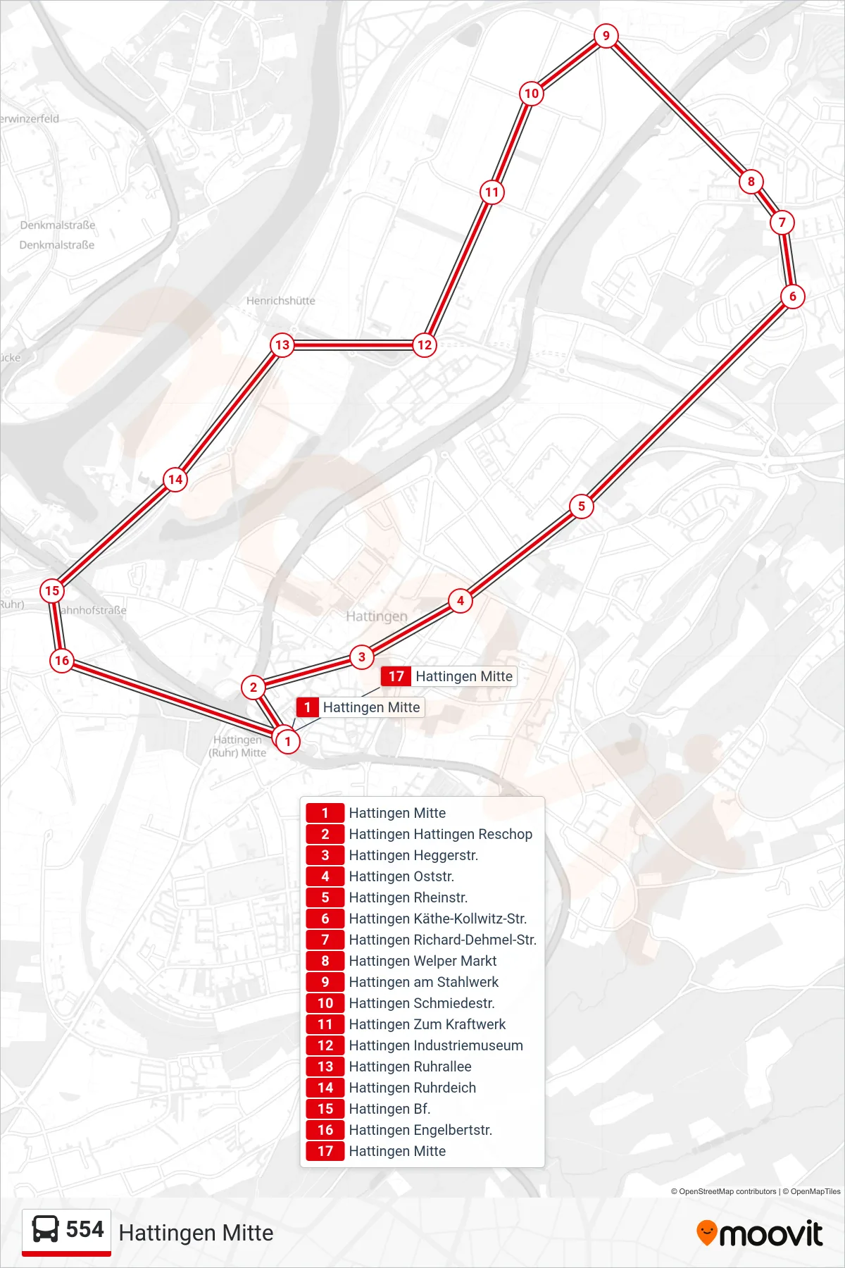 Linie 554 (Bus) Richtung Hattingen Mitte: Route und Haltestellen auf der Karte