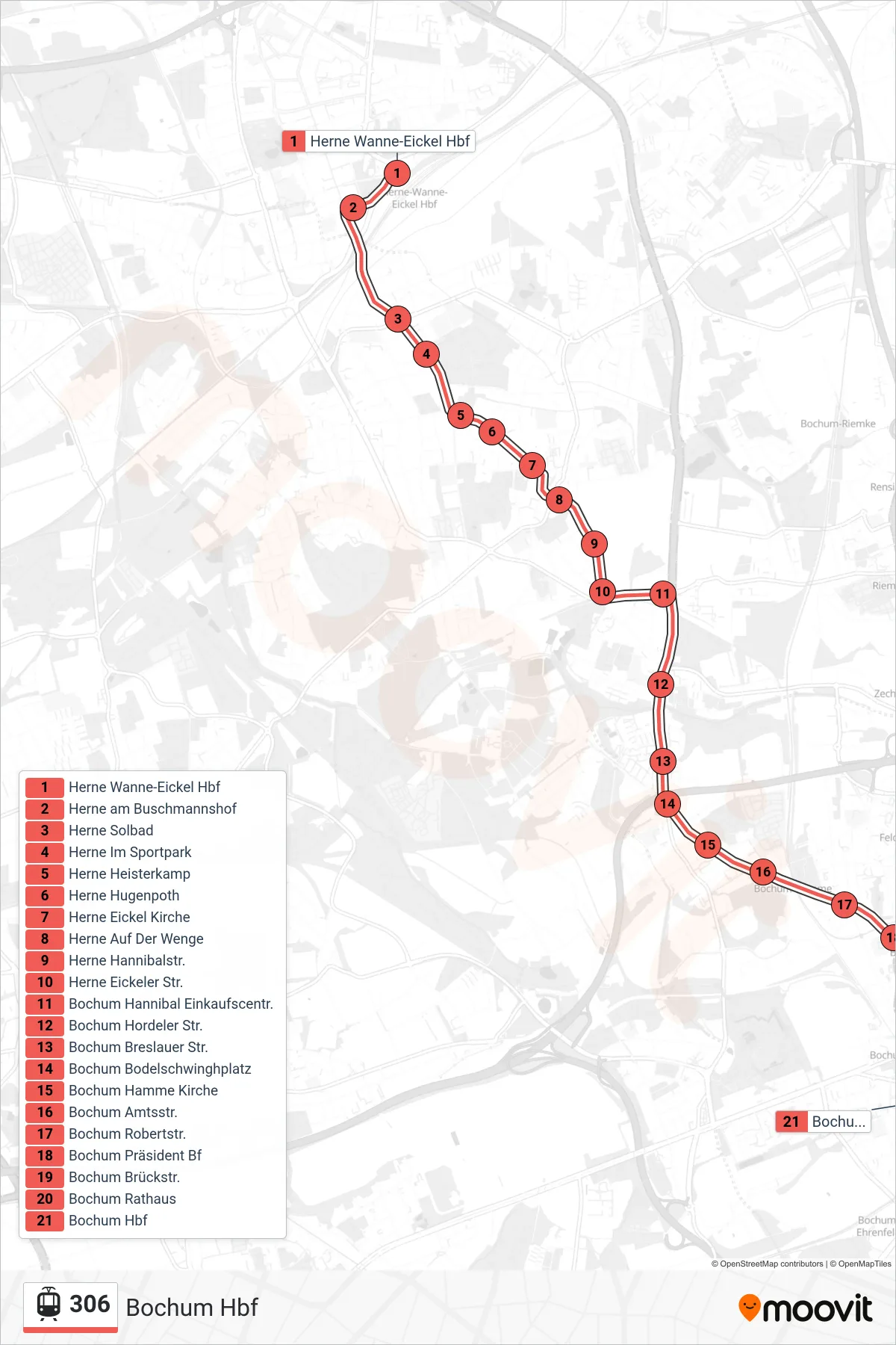 Linie 306 (Straßenbahn) Richtung Bochum Hbf: Route und Haltestellen auf der Karte