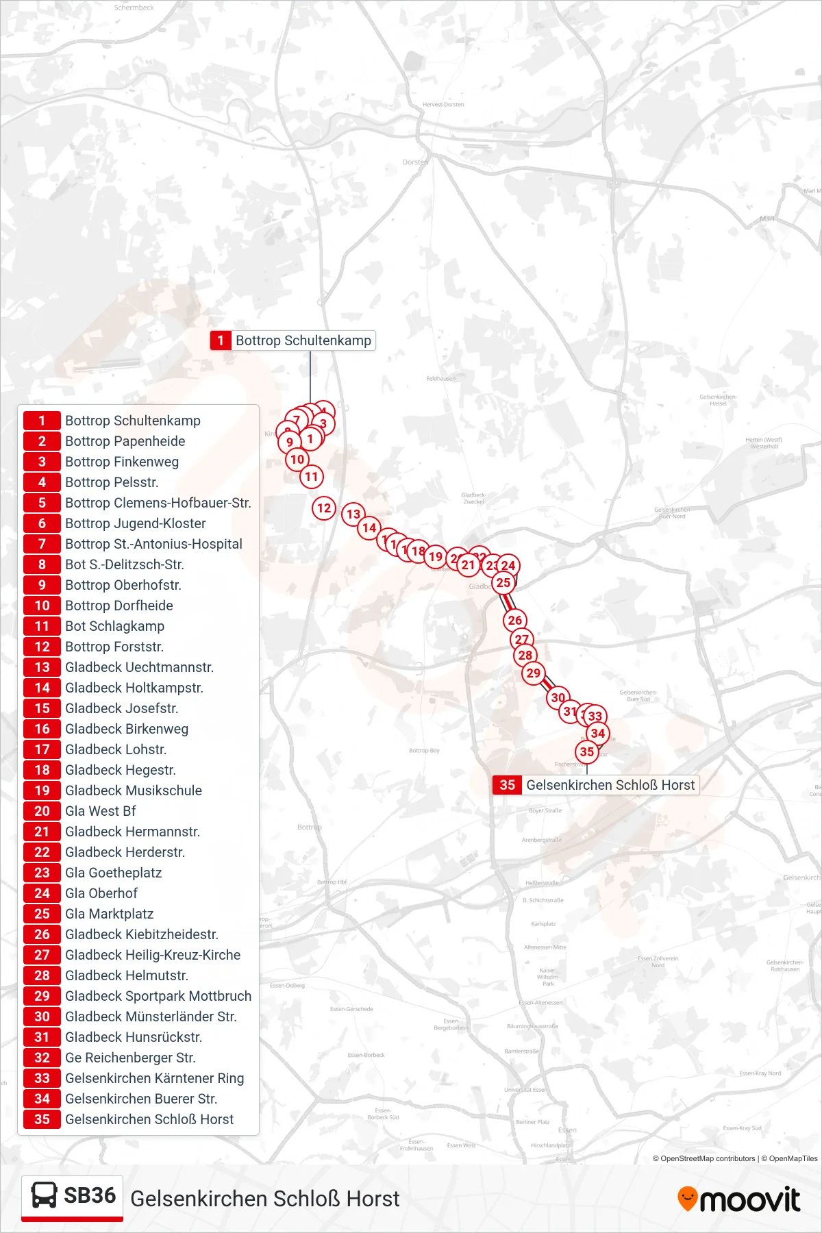 Linie SB36 (Bus) Richtung Gelsenkirchen Schloß Horst: Route und Haltestellen auf der Karte