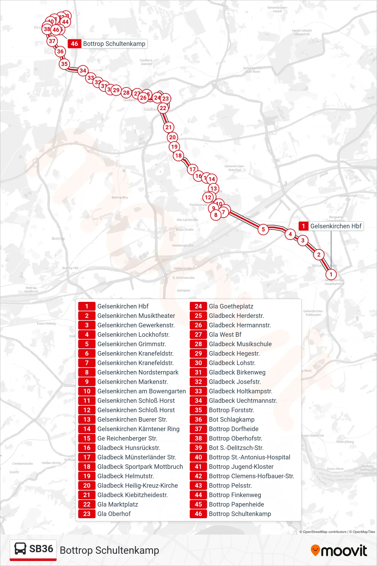 Linie SB36 (Bus) Richtung Bottrop Schultenkamp: Route und Haltestellen auf der Karte